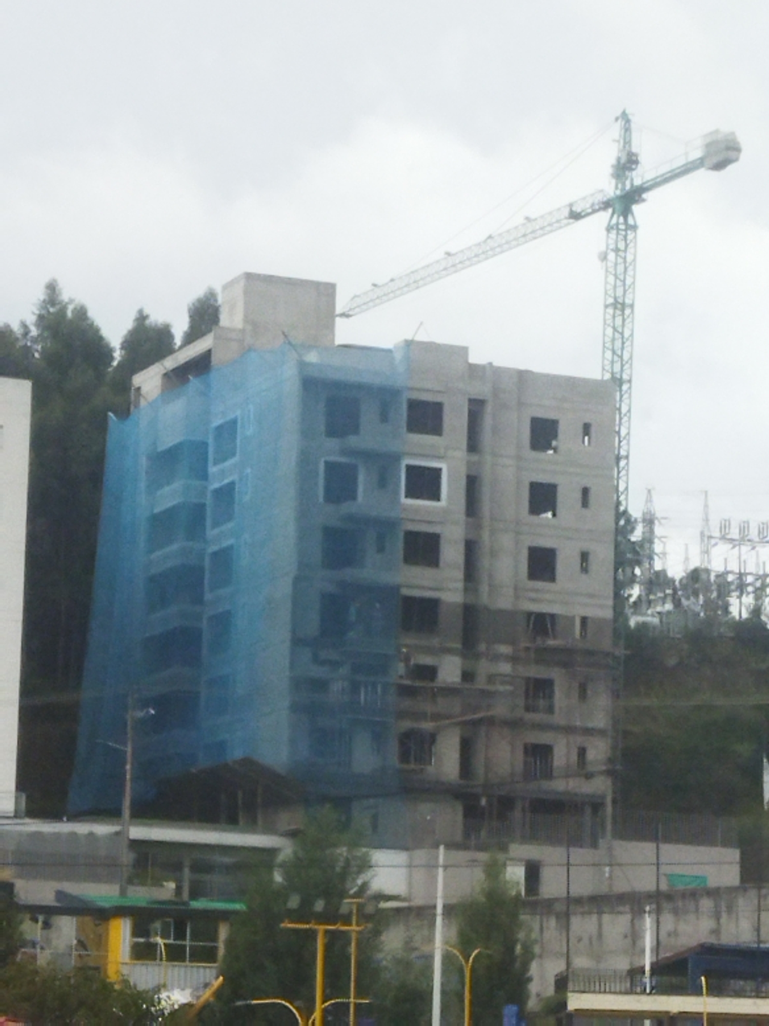 A partially completed high-rise building stands under construction, shrouded in blue netting. A green construction crane dominates the skyline next to the building. In the background, trees and electrical power lines are visible on a sloping hill. A smaller building sits in the foreground. The sky is overcast.