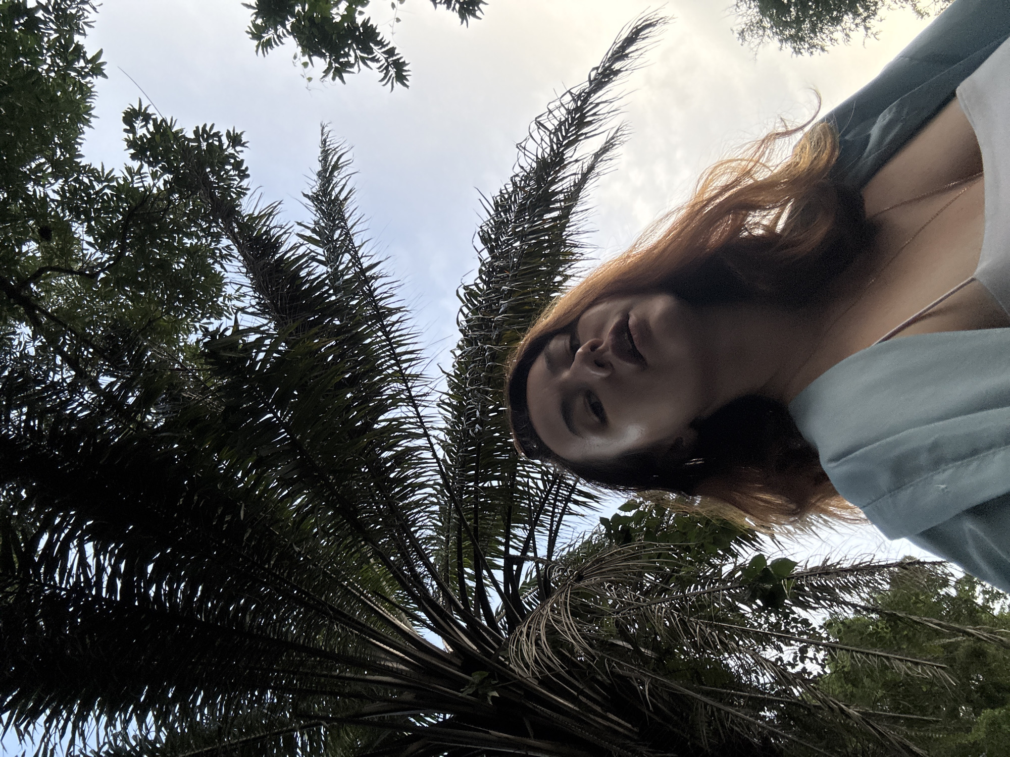 A low-angle, close-up shot features a person's face and upper body, tilted upside down, against a backdrop of palm trees and a cloudy sky. The person, with reddish-brown hair, wears a light blue garment and a delicate necklace. Their eyes are partially closed, and their mouth is slightly open, giving an impression of relaxation or quiet contemplation. The harsh overhead light casts subtle shadows on their face.
The setting is clearly outdoors, characterized by the lush, dark green fronds of a palm tree that dominate the lower half of the image. The leaves of another, sparser palm, are visible to the right. Above, the sky is a hazy, overcast white, suggesting a cloudy day. The upward-looking perspective, combined with the presence of tropical foliage, hints at a warm climate.
The composition is unusual, with the subject's head near the bottom of the frame and their body extending upwards and to the right, almost merging with the sky. The focus is on the person's face and the textures of the palm fronds. The overall mood is serene and slightly dreamlike, amplified by the unusual perspective and the soft, diffused lighting. No text is visible in the image. The context provided places the scene in Phuket City Municipality, Thailand, which aligns with the presence of palm trees and the warm, possibly humid, atmosphere.