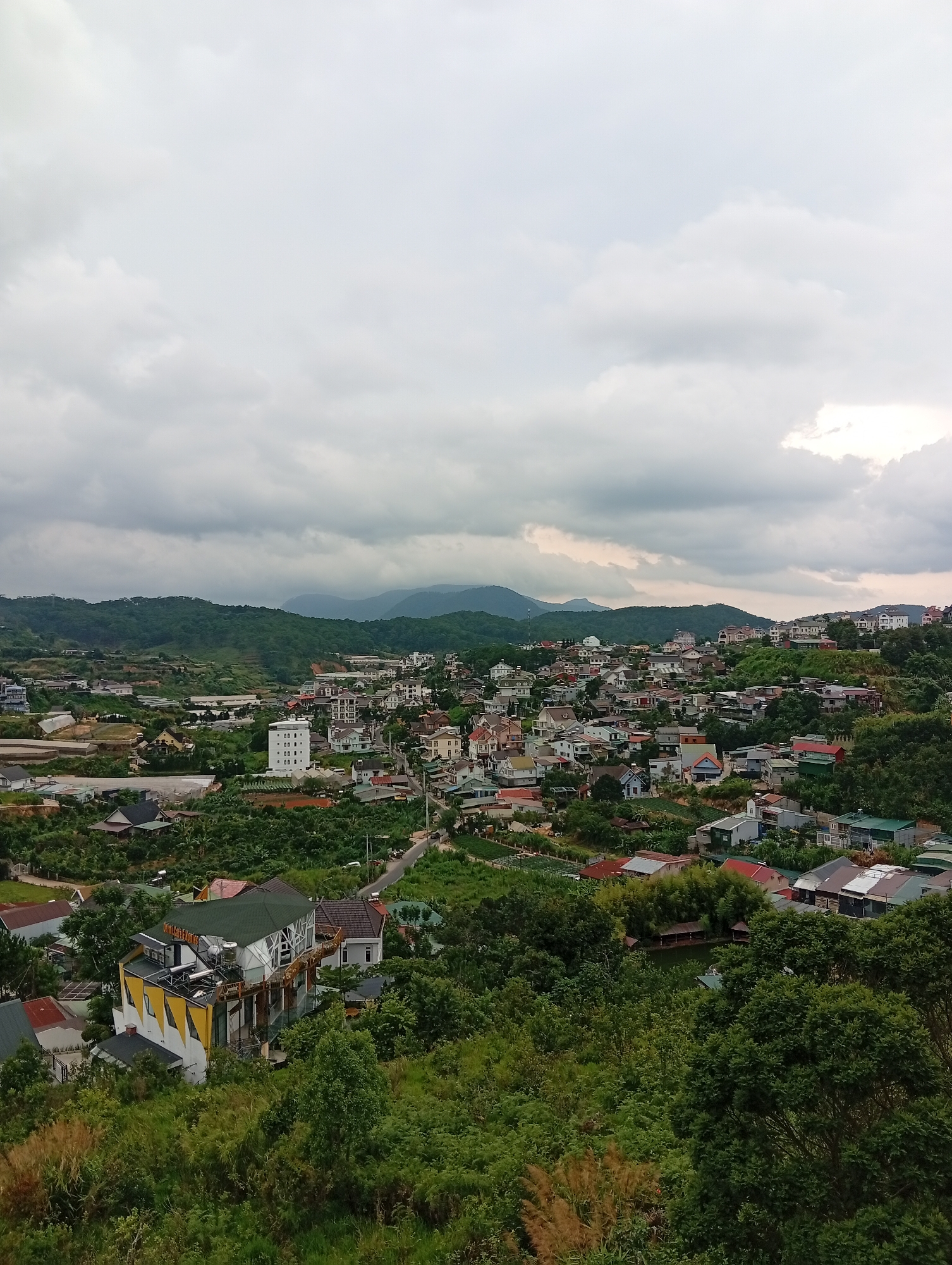 This is a landscape photograph taken from an elevated viewpoint, overlooking a residential area nestled within rolling, verdant hills. The scene is dominated by a dense canopy of lush green trees and foliage, characteristic of a tropical or subtropical climate. Scattered amongst the greenery are numerous houses and buildings, varying in architectural style and color, suggesting a developing urban or suburban area.
In the foreground, a distinctive building stands out with its striking yellow and white geometric facade and a multi-level green roof. The building appears to be a cafe or restaurant, with visible signage indicating "Datin Cafe & Coffee." This building is surrounded by trees and vegetation.
Further into the mid-ground and background, the settlement expands, with rows of houses, some with red or gray tiled roofs, interspersed with more greenery. A prominent white building, likely an apartment block or hotel, is visible in the mid-ground. The houses are situated on slopes, creating a sense of depth and dimension to the scene.
The distant background is characterized by more undulating hills, covered in dense forest, fading into a hazy sky. The sky itself is overcast with heavy, gray clouds, suggesting a cloudy or possibly rainy day. The lighting is diffused, casting a soft, even light across the landscape, with no strong shadows. The overall mood of the image is tranquil and serene, highlighting the integration of human settlement with the natural environment. The location appears to be a hillside town or village, possibly in a mountainous region like Da Lat, Vietnam, given the lush vegetation and hilly terrain. There is no visible activity of people, but the presence of buildings and roads indicates a populated area.