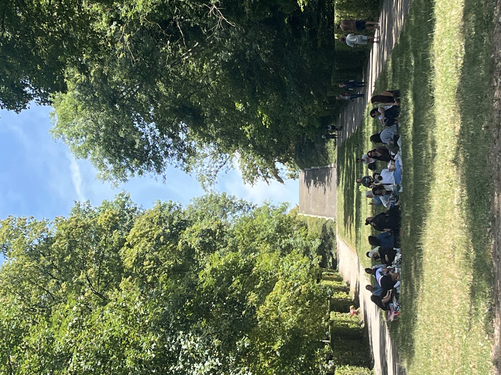 In Antony, France, a group of individuals are picnicking on a grassy lawn at the base of a grand outdoor staircase. The staircase, flanked by lush green trees, ascends towards a bright blue sky with sparse clouds. The trees on either side of the path leading to the stairs create a verdant tunnel effect. In the foreground, approximately 15-20 people are scattered on blankets, engaged in conversation and relaxation. Some are seated, while others are lying down. In the background, along the path to the stairs, several other people are walking. The scene suggests a leisurely summer day in a park setting.