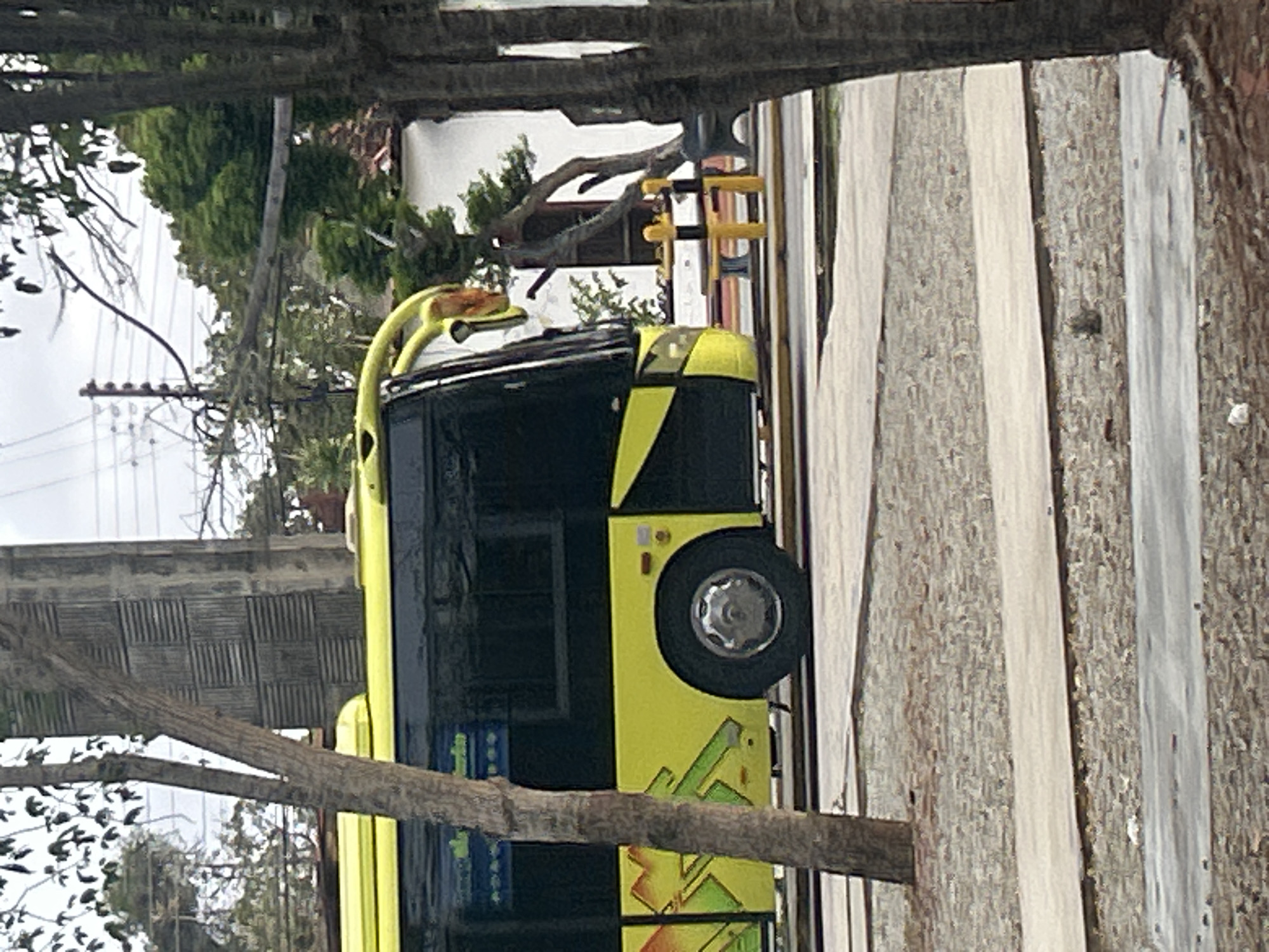 The image shows the side view of a yellow and black bus stopped on a paved surface, likely a road or bus station. The bus has tinted windows and a curved yellow bar extending above the windshield. Trees with rough bark are visible in the foreground on both sides, with foliage and branches obscuring parts of the background. In the background, there is a tall, textured concrete structure, power lines, and lush green trees. A white building with a red-tiled roof is also visible behind the trees. Yellow and black bollards and a bench are present near the bus. The ground is covered with gravel and concrete pathways. The overall impression is of an outdoor scene in a semi-urban or suburban area. Based on its features, this image was likely taken in Santa Ana, Venezuela.