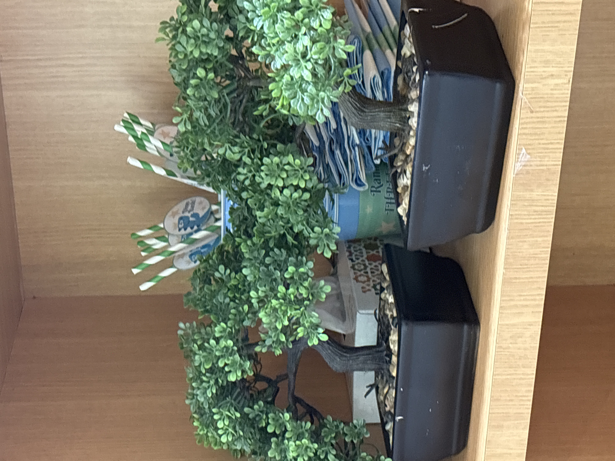 A close-up shot of two artificial bonsai trees on a wooden shelf. The trees are in black square planters filled with small stones. In the background, there are green and white striped straws, and a blue cylindrical container with some folded blue and white fabric behind it. The shelf appears to be made of light-colored wood with visible vertical grain. The overall scene suggests an indoor setting, possibly a home or office decoration. There is no indication of the city of Dubai or the United Arab Emirates within the image.
