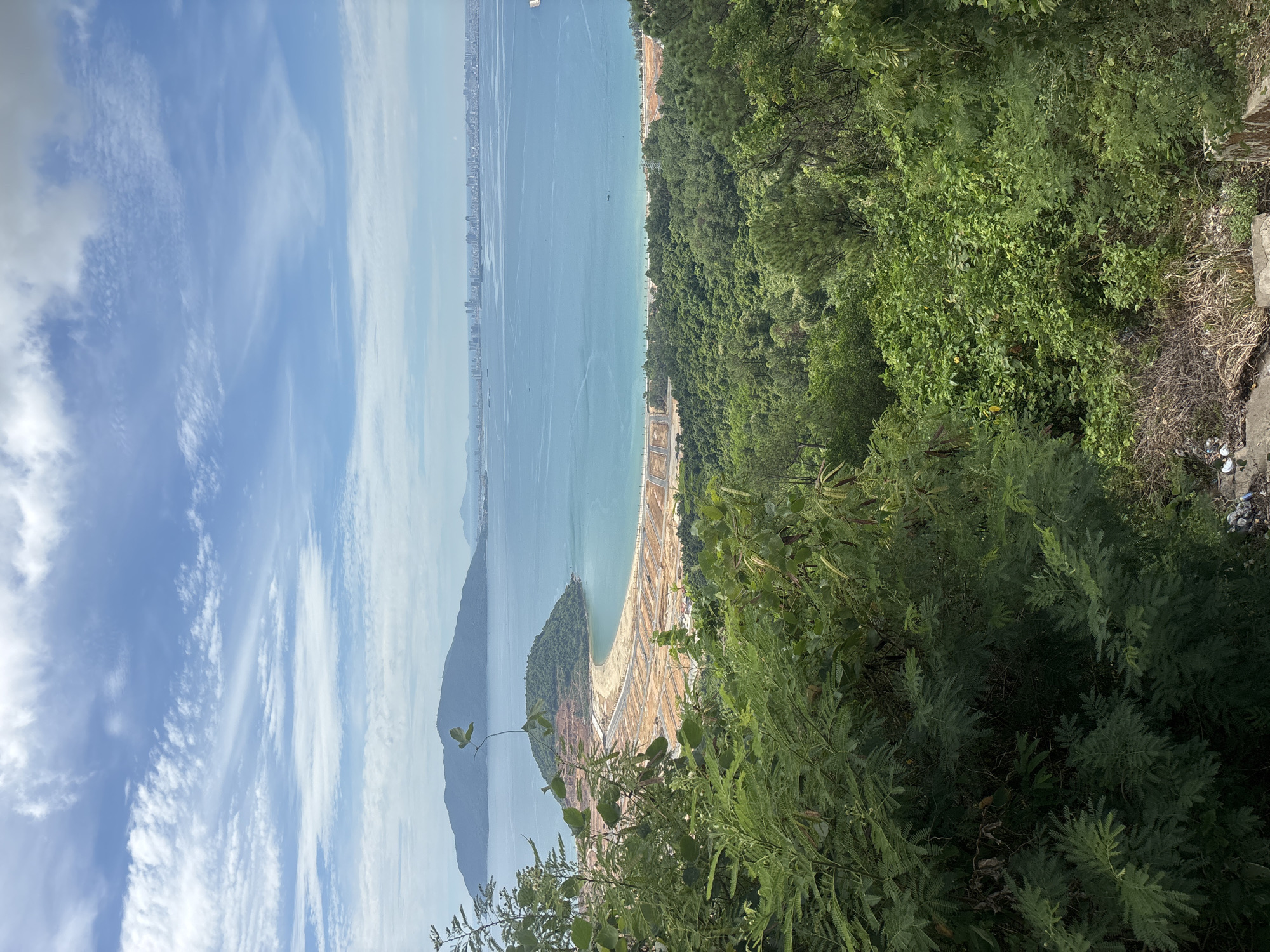 This is a panoramic landscape photograph taken from a high vantage point, likely Son Tra Peninsula, overlooking the city of Da Nang, Vietnam. The foreground is dominated by lush, green foliage and vegetation, suggesting a natural, hilly terrain. In the midground, a crescent-shaped bay features a newly developing beach area with visible construction and cleared land, indicative of a resort or infrastructure project. The turquoise waters of the bay transition into the vast blue sea, where distant boats and the Da Nang skyline, with its numerous high-rise buildings, are clearly visible. The sky above is a mix of blue and white clouds, with some cirrus formations stretching across. The overall impression is one of a coastal city with ongoing development, set against a backdrop of natural beauty.