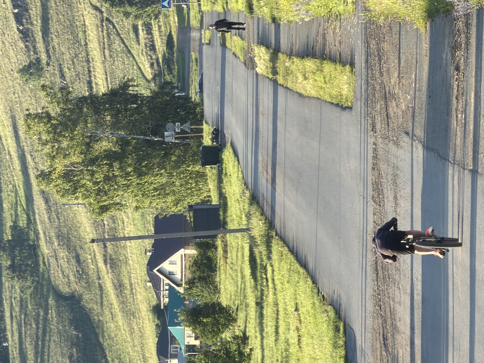 The image shows a rural scene with a paved road running through a grassy area. On the right side of the road, a person is riding a bicycle. The person is wearing dark clothing and shorts, and is facing away from the camera. The bicycle is black with visible spokes. The road has a grey surface with tire marks and is bordered by a strip of green grass and some wildflowers. Shadows of trees and poles are cast across the road, indicating it is likely daytime.
On the left side of the road, a grassy hill slopes upwards. There are several houses visible nestled among trees. One house has a dark roof and white siding with windows. Another house is painted a lighter color. Further up the hill, there are more trees and a fence or railing. In the background, more grassy hills and trees can be seen, with a clear blue sky visible at the top of the image. There are some signs and poles along the side of the road, including a blue and white directional sign. The overall impression is a peaceful, sunny day in a country setting. The lighting suggests it is likely late afternoon due to the long shadows.