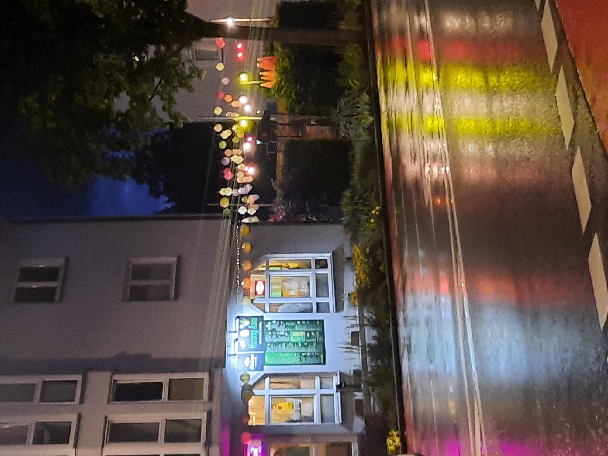 The image depicts an exterior view of a building at night, likely in an urban setting. The building appears to be a multi-story structure with several windows visible. A restaurant or shop is located at street level, indicated by a lit sign that reads "Hungry Asia". The storefront has large windows, and a menu board is displayed inside. Decorative string lights, a mix of colored lanterns and bulbs, are hung across the building and extend to the right, some glowing yellow, red, and pink. A tree with dark foliage is situated to the right of the building. The street in front of the building is wet and reflects the lights from the building and the string lights, suggesting it has recently rained or is raining. The street also shows crosswalk markings. The sky in the background is dark, with a hint of blue at the top left. There are no people clearly visible in the image. The overall scene conveys a festive or inviting atmosphere due to the colorful lights, contrasted with the dark, wet environment.
