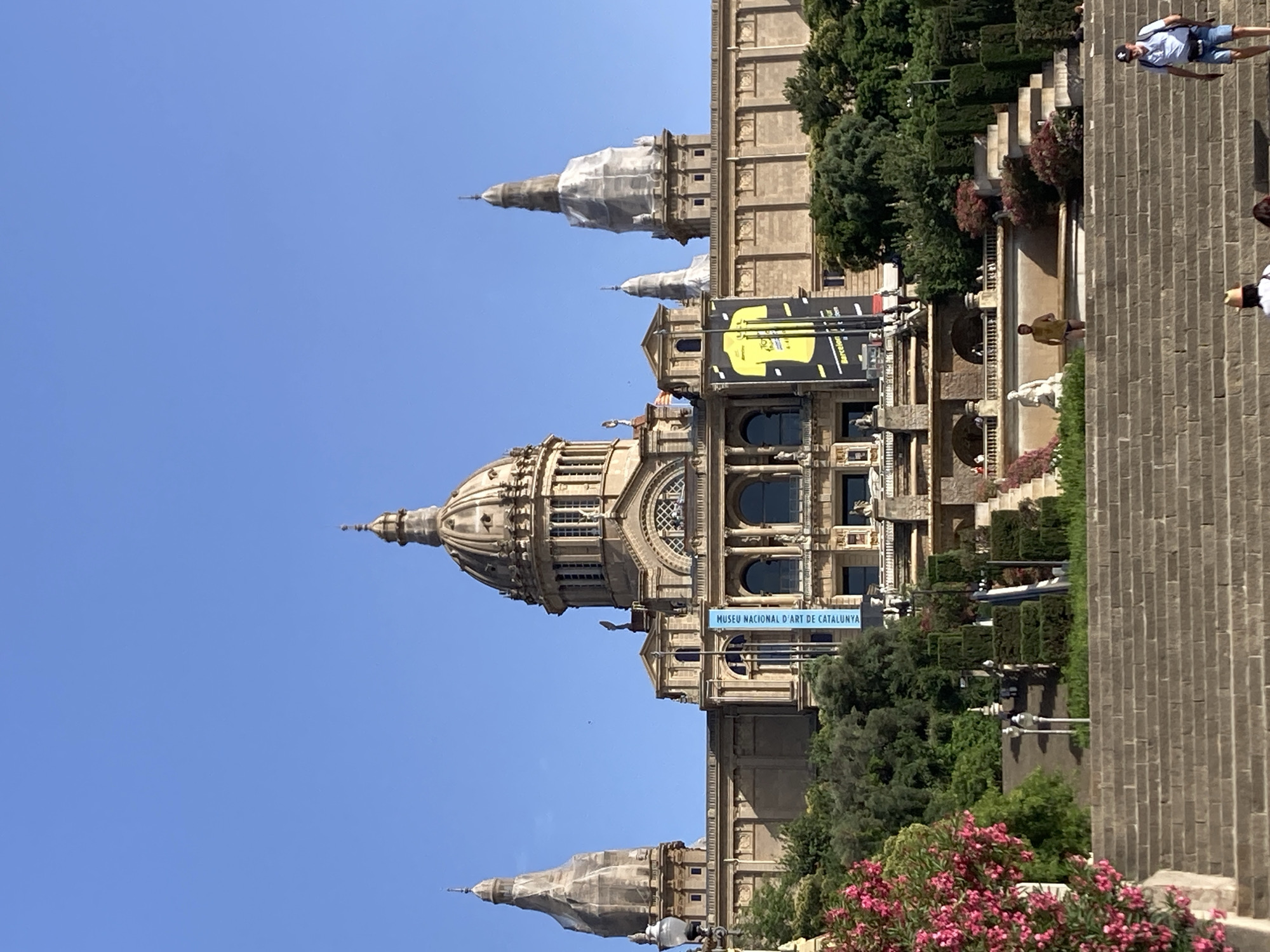 The image shows the Palau Nacional, located on Montjuïc hill in Barcelona, Spain. The building, a grand palace with a central dome and four flanking towers, is seen from a wide stone staircase leading up to it. The sky is a clear, bright blue.
In the foreground, several stone steps are visible, with a few people walking on them. A person wearing a white shirt, straw hat, and shorts is partially visible at the bottom left, and further up, a man in a light blue short-sleeved shirt and denim shorts with a backpack is walking up.
The middle ground features a terraced garden with manicured hedges, sculpted bushes, and some flowering plants with pink blossoms on the left. Statues are placed within the gardens. A person in a yellow shirt and dark shorts is standing on a ledge. Two large banners hang from the building's facade: one is blue and reads "MUSEU NACIONAL D'ART DE CATALUNYA," and the other is yellow with a graphic of a t-shirt and text.
The Palau Nacional itself dominates the upper half of the image. Its architecture features classical elements, including arched windows, columns, and ornate detailing. Green trees are visible in front of the building's lower levels, interspersed with the gardens. The overall scene is one of a sunny day, with tourists and visitors present.