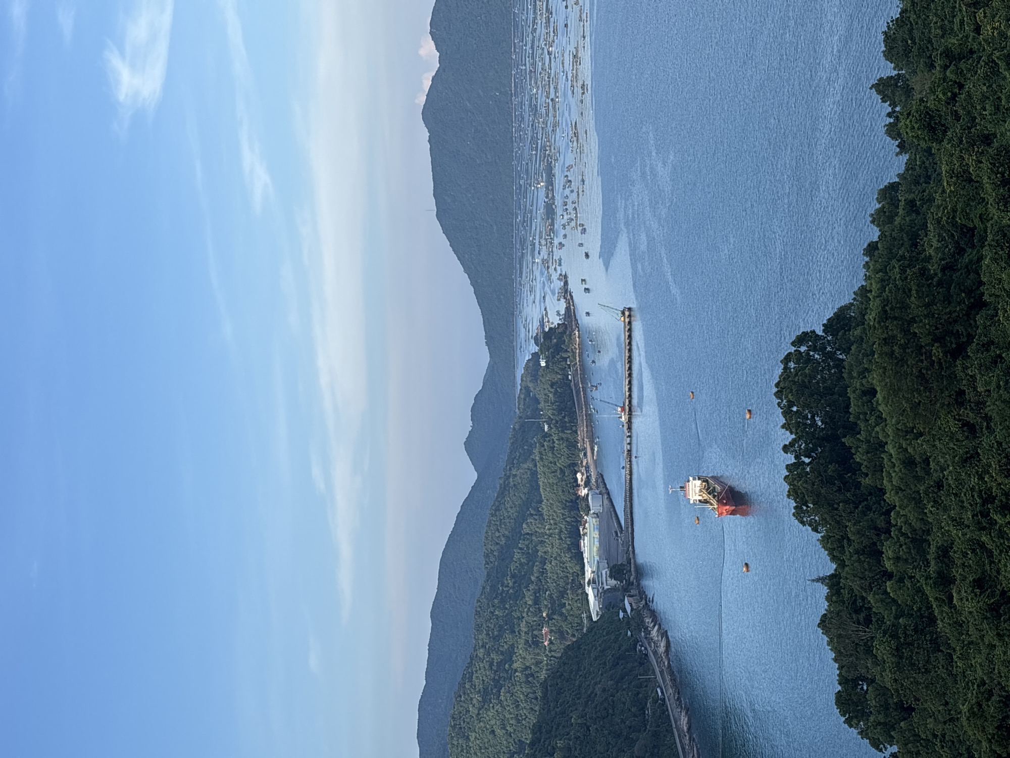 The image shows a coastal scene in Hòa Xuân, Vietnam. The sky is light blue with wispy clouds. Mountains covered in green vegetation form the background on the left side of the image. The water, a darker shade of blue, fills the space between the mountains and the right edge. In the water, numerous small boats or rafts are visible, clustered near the mountains. A long, pier-like structure extends into the water from the mountains. A cargo ship is docked near this structure. The right side of the image is dominated by dense green foliage, likely trees, at a lower altitude. The overall impression is a view of the harbor from an elevated perspective.