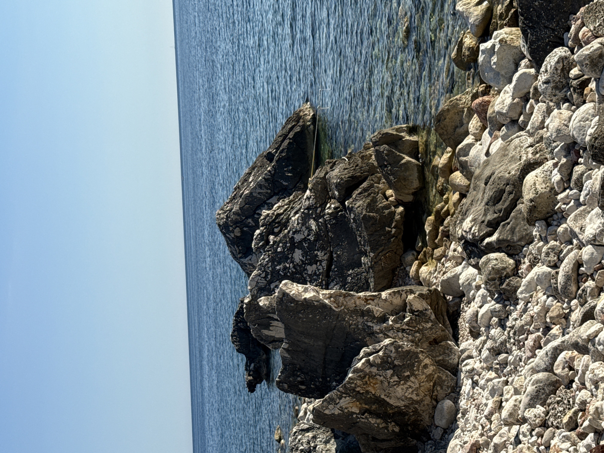 This is a horizontal, eye-level, medium shot of a rocky shoreline next to the sea in Kamenovo, Montenegro. The image is dominated by large, grey rocks of various sizes and shapes, both on the shore and partially submerged in the water. The water itself is clear and blue, with visible ripples and sunlight reflecting off its surface. In the distance, the horizon line separates the sea from a clear, pale blue sky. There are no people or animals visible in the image. The foreground is filled with smaller, lighter-colored stones and pebbles.