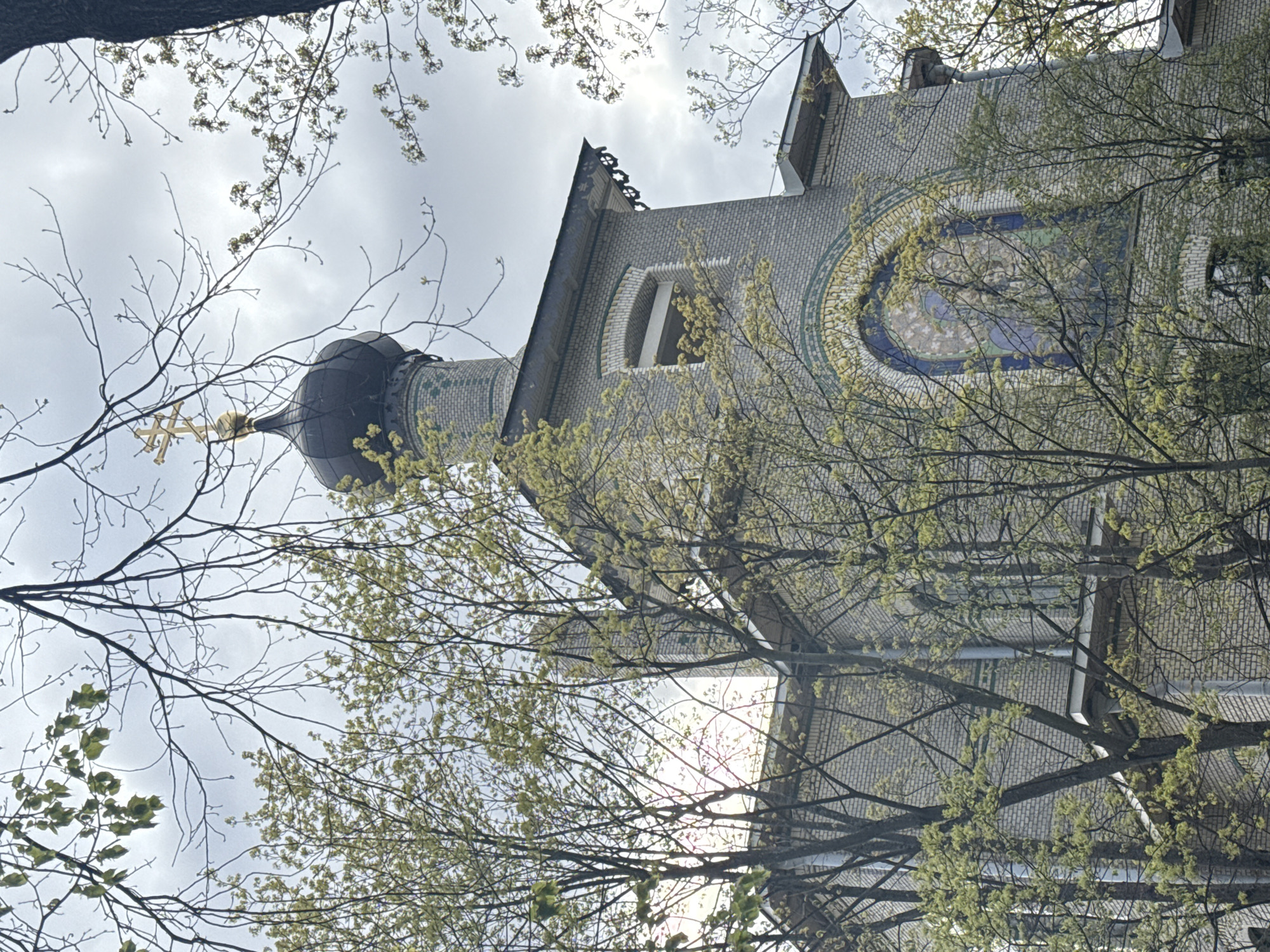 The image captures a low-angle view of the Church of the Resurrection of Christ, located on Vasilievsky Island in Saint Petersburg, Russia. The church is constructed with light gray bricks, and an arched window is visible. The church has a dark colored dome topped with a gold cross. The facade features a circular mosaic, with blue and green tiles, situated above a lower section of the building. Bare tree branches and young leaves frame the building against an overcast sky. Sunlight is visible between the tree branches.