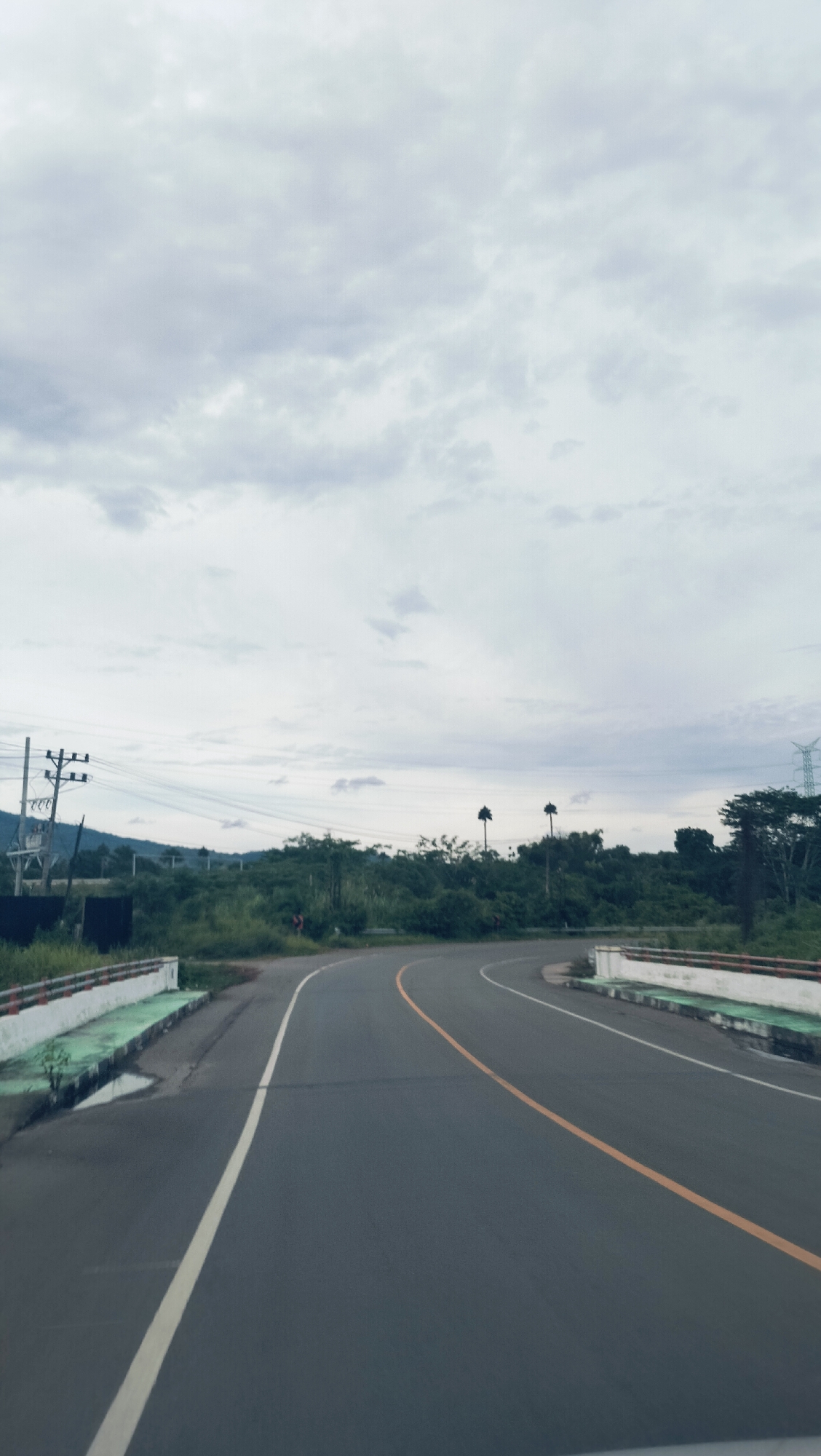 The image presents a daytime scene from the perspective of a vehicle traveling on a two-lane asphalt road in Lonbaroh, Indonesia. The road, marked with a solid white line on the left shoulder and a broken yellow center line, gently curves towards the right, leading into the distance.
On both sides of the curving road, low concrete barriers or railings are visible, painted white with a strip of green at their base. A small puddle of water can be seen next to the barrier on the left.
The surrounding landscape is characterized by abundant green vegetation. Dense trees and bushes line the road and cover rolling hills in the background. On the left side, utility poles with power lines and a visible transformer indicate nearby infrastructure. Further into the mid-ground on the right, two distinctive, tall palm trees with sparse foliage stand above the treeline. A large metal power transmission tower is partially visible in the far right background, partially obscured by foliage.
The sky is overcast with a spread of soft grey clouds, suggesting a cloudy day with diffused lighting, rather than direct sunlight. There are no people, animals, or visible text in the image. The overall impression is one of a peaceful drive through a verdant, semi-rural or natural setting in a tropical climate. The scene captures a moment of travel or observation on what appears to be a quiet road.