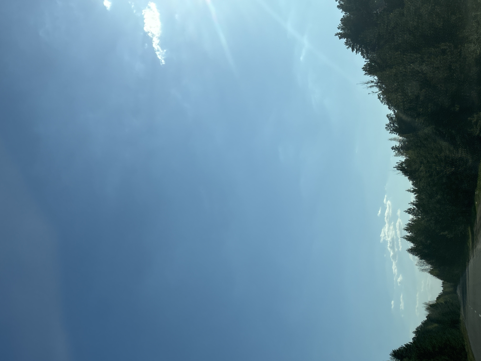 The image presents a view of the sky transitioning from a darker blue on the left to a lighter blue on the right, with some white clouds. A line of dark green trees occupies the top right corner, indicating the edge of a forest. In the bottom right, a section of a paved road is visible. The location within Chaikovsky, Russia cannot be determined from this image alone.