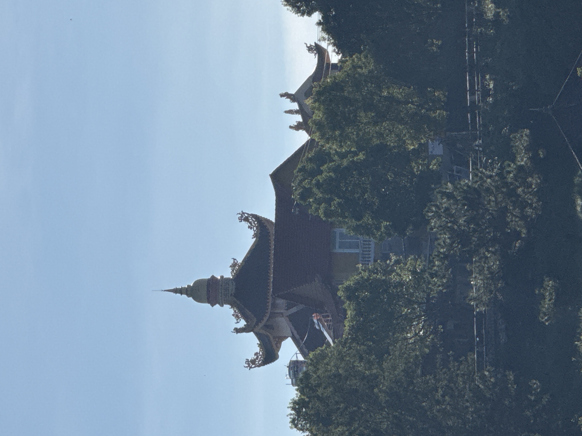 A medium shot captures a Buddhist pagoda in the distance, partially obscured by lush green trees and foliage in the foreground. The pagoda features a prominent multi-tiered, dark tiled roof with ornate golden trim and upturned eaves, topped with a spire. A smaller, gold-colored dome is visible above the main roof structure. The sky is a clear, pale blue. The image was taken from a slightly elevated position, looking across a verdant landscape towards the pagoda, which appears to be situated on a hillside or elevated terrain within Da Lat, Vietnam.