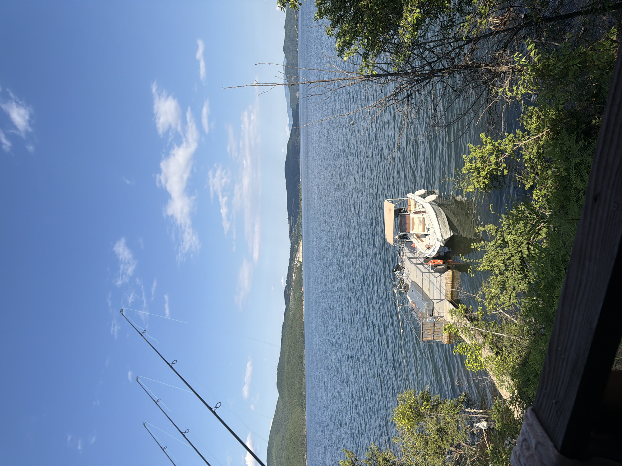 The image depicts a serene waterfront scene in Zvanika, Bulgaria. In the foreground, a wooden railing offers a vantage point overlooking a calm, blue lake. Three fishing rods are angled upwards, their lines taut against a clear blue sky dotted with fluffy white clouds. A small dock extends into the water, where a white motorboat is moored. The boat has a beige canopy and white fenders. Lush green trees and bushes line the shore, with some foliage encroaching on the dock area. In the background, rolling, tree-covered hills rise from the opposite side of the lake, with a small cluster of buildings visible on the distant hillside. The overall impression is one of peaceful recreation and natural beauty.