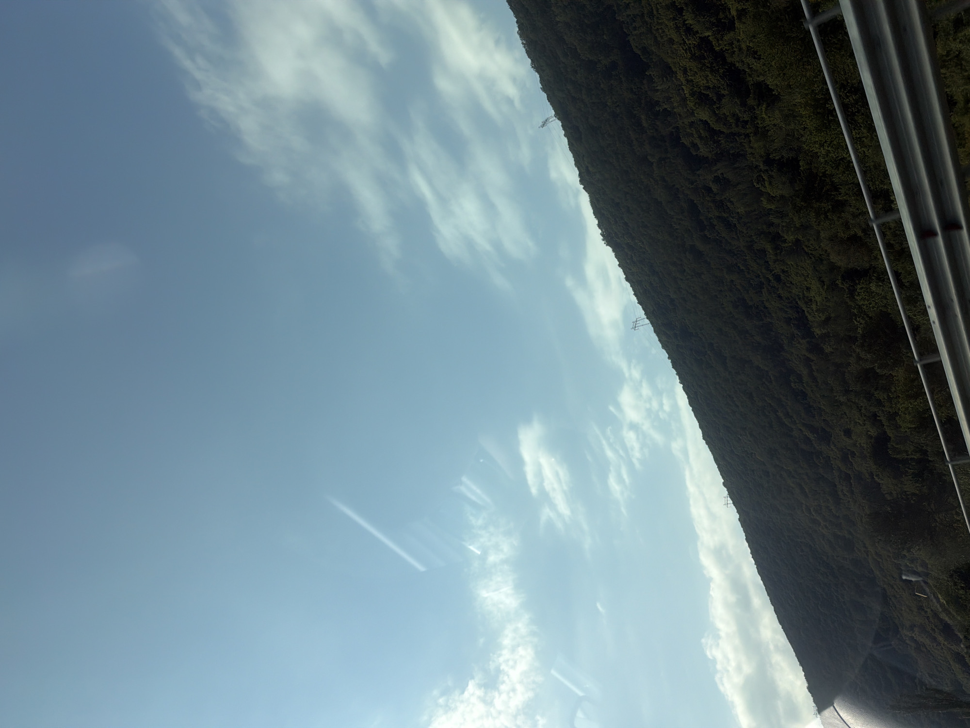 The image captures a scenic view of a dense forest on a mountainside, with a bright blue sky and scattered clouds above. The perspective is from a slightly elevated viewpoint, possibly from a vehicle or a road, with a metal railing visible in the foreground on the right side of the image. The railing is composed of horizontal bars, suggesting it might be part of a bridge, walkway, or barrier.
The forest covers the majority of the right side of the frame, appearing as a dark, textured mass of green foliage. The trees are closely packed, creating a rich, verdant slope. In the sky, wispy white clouds drift across the blue expanse, illuminated by what appears to be daylight. Two distant electrical pylons are visible against the sky, suggesting the presence of power lines in the area.
The orientation of the image is rotated, with the ground and forest appearing to be on the right and the sky on the left. This could be due to the camera being held at an angle. The lighting suggests it is daytime, likely with clear weather. There are some lens flares or light reflections visible on the left side of the image, particularly on the sky portion.
The overall mood conveyed is one of natural beauty and a sense of being outdoors. The location context provided, Yana, Bulgaria, indicates a mountainous or hilly region with significant forestation. There is no visible text in the image.