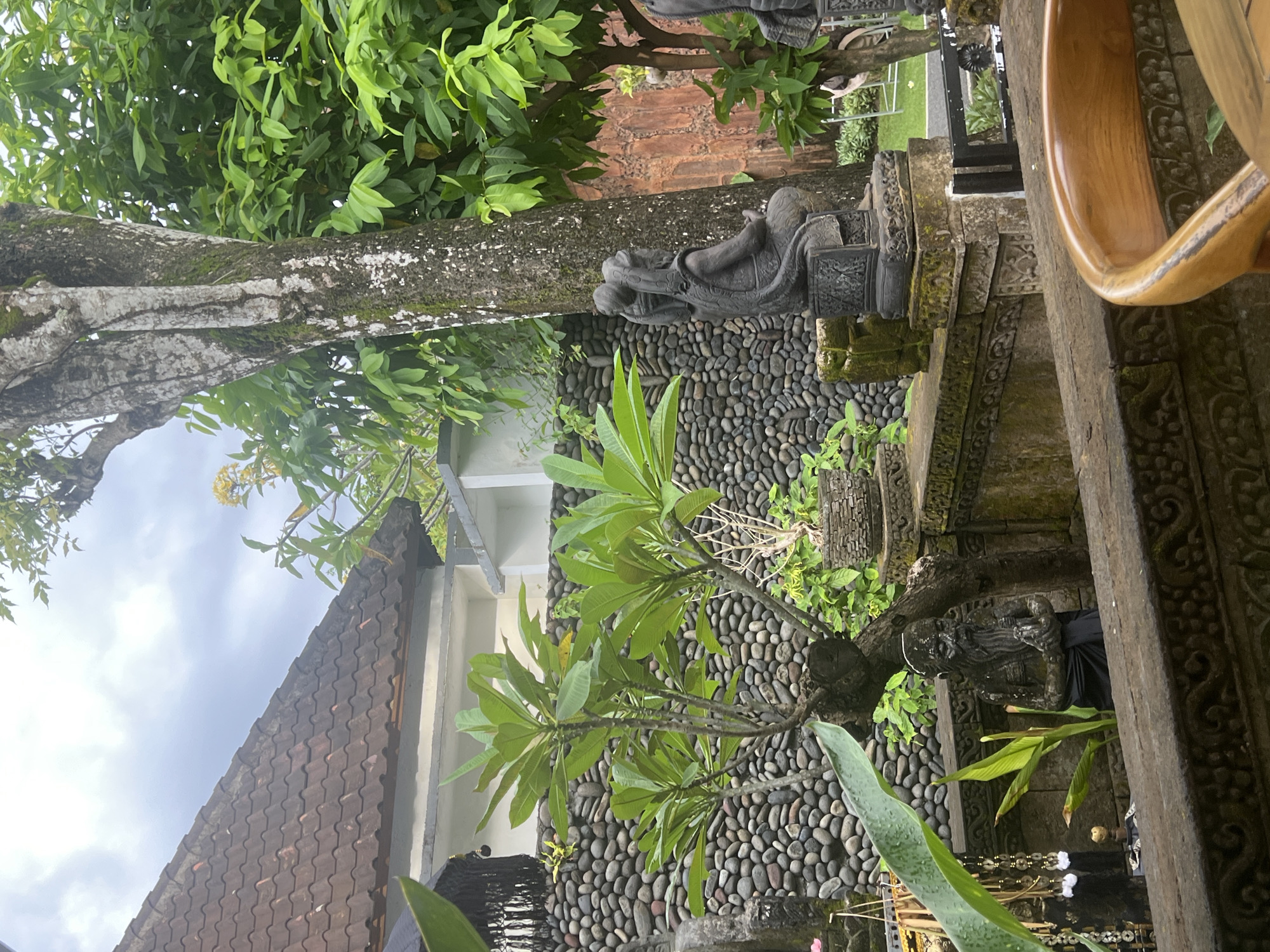 This image captures a serene outdoor scene, likely a garden or temple courtyard, rich with natural and architectural elements suggesting a tropical setting. The perspective is slightly angled, looking towards a building and lush greenery.
In the foreground and midground, dense green foliage dominates, including large trees with rough, moss-covered trunks and branches stretching across the frame. Various shrubs and plants with broad leaves, some resembling frangipani, are scattered throughout. The upper left corner reveals glimpses of an overcast sky and some yellow flowers.
A prominent feature is a meticulously constructed wall made of smooth, dark grey and black river pebbles, forming a textured backdrop for several decorative elements. Resting on this pebble wall, or integrated into the landscape, are dark, carved stone statues. One notable figure is a reclining, dragon-like or Naga creature with intricate scales and details, positioned near the base of a tree. Further to the right, a standing, robed stone figure is partially visible, adorned with black fabric, possibly a sarong.
Interspersed with the statues are carved stone pedestals and architectural elements featuring traditional patterns and designs, many covered with moss, indicating age. On the far right, a large, light-colored wooden structure, possibly a curved railing or furniture part, stands out with its smooth, polished surface and carved details on supporting beams below it.
To the left, the dark reddish-brown tiled roof of a building is visible, beneath the overcast sky, with some white wall sections peeking through the foliage. No people or specific activities are depicted, giving the scene a quiet and contemplative atmosphere. There is no visible text in the image.