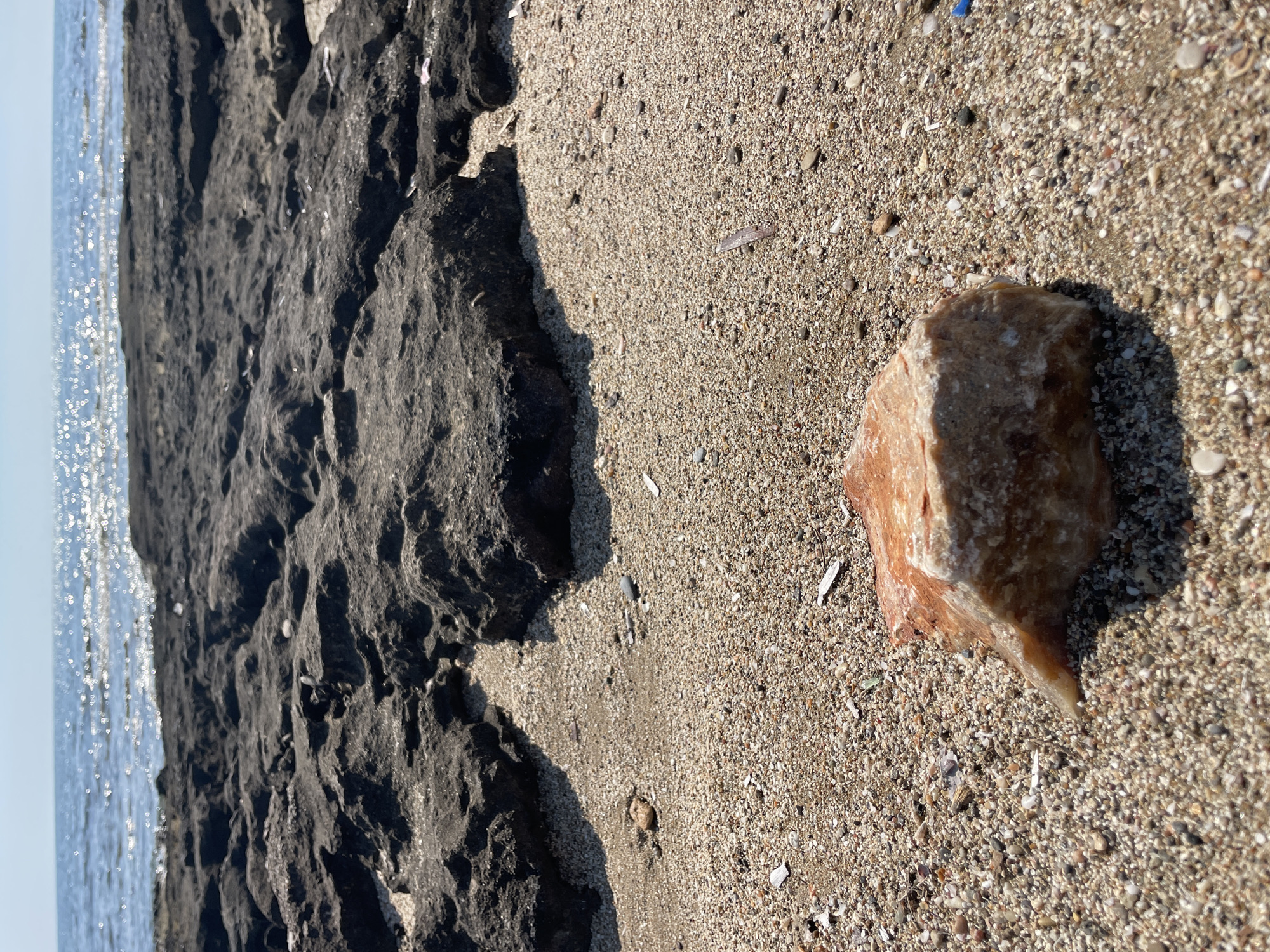 A close-up, eye-level shot captures a rocky shore with the sea in the background. In the foreground, a light orange rock with a rough texture rests on a bed of sand and small pebbles. The sand is a mixture of light brown and beige grains, interspersed with tiny shell fragments and smaller stones. Behind the sand, dark, irregularly shaped rocks dominate the mid-ground, their surfaces pitted and textured. Beyond the rocks, the sea is visible, its surface shimmering with sunlight, reflecting the clear blue sky. The horizon line is sharp, separating the water from the sky. The scene is devoid of any human presence or activity.