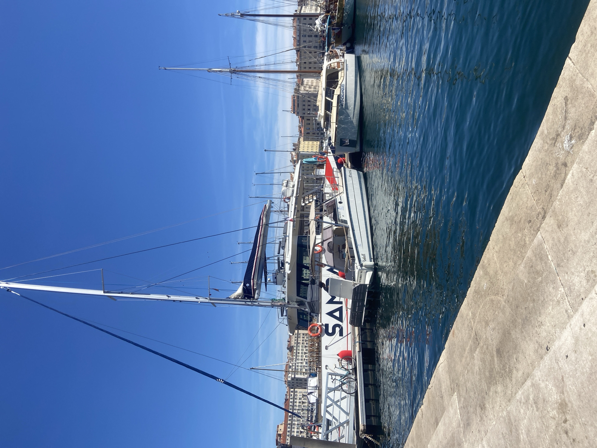 In a harbor under a clear blue sky, several boats are docked. A large white catamaran with "SAM" printed in blue letters on its side is prominently featured. A bicycle is parked on the dock in front of it. To the right of the catamaran, a smaller white boat named "Pinball" is visible. Further down the dock, another white boat with "ECO-CALANQUES" written on it is moored. Behind the boats, a row of buildings with red-tiled roofs lines the waterfront, suggesting an urban setting. The water in the harbor is calm and reflects the blue sky and the boats. The foreground shows a concrete pier.