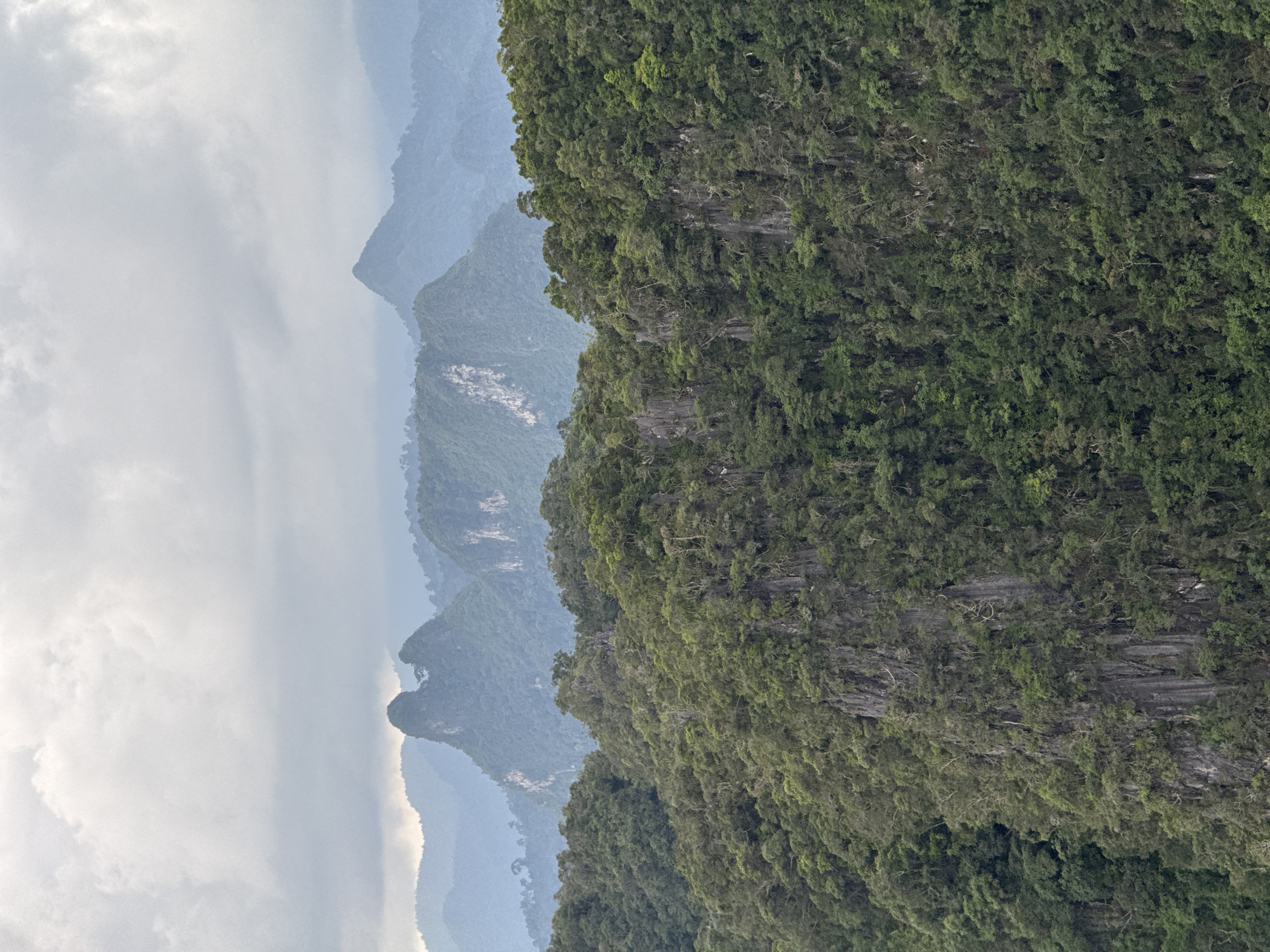 The image depicts a panoramic view of lush, green mountainous terrain, likely in the Khao Tang district of Thailand. The foreground is dominated by steep, densely forested slopes characterized by rugged, rocky outcrops interspersed with a thick canopy of trees. The vegetation appears verdant and untamed, suggesting a natural and somewhat wild environment. In the mid-ground and background, several distinct peaks rise, their shapes softened by atmospheric haze and distance. These mountains are also covered in trees, though the detail becomes less discernible with depth. The sky above is overcast, with muted, cloudy tones that contribute to a soft, diffused light across the landscape. The overall impression is one of a remote, natural landscape under a cloudy sky.