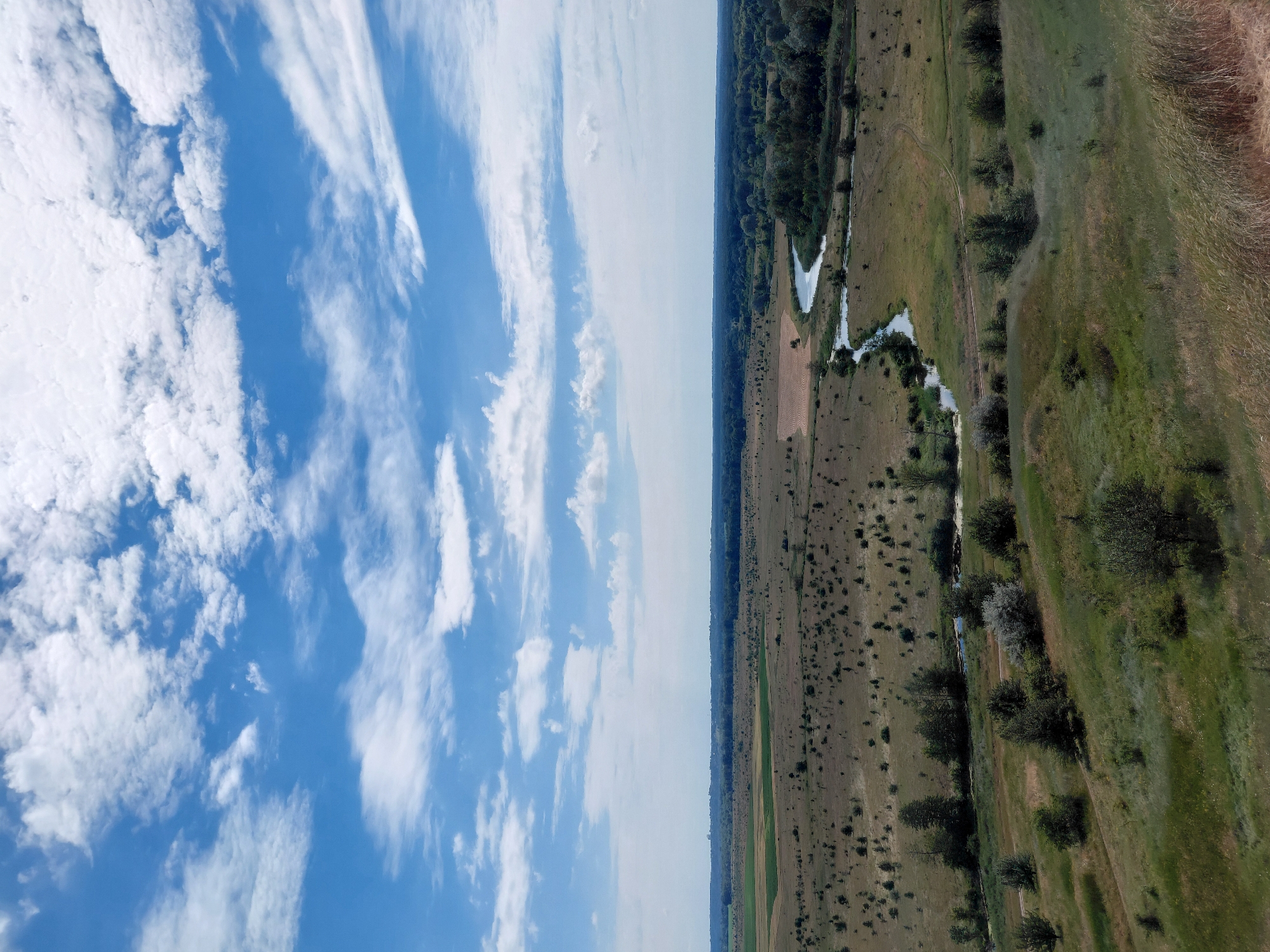 An aerial, full-shot photograph captures a wide, pastoral landscape under a partly cloudy blue sky. The foreground features a sloping, grassy hill with scattered bushes and trees. The midground is a flat expanse of dry, yellowed grass dotted with small trees and bushes, traversed by a winding, narrow river. The river's banks are lined with lush green trees, creating a stark contrast with the dry grass. In the distance, a dark, dense forest stretches across the horizon, with a faint hint of agricultural fields to the left. The sky is dominated by white, fluffy clouds against a bright blue backdrop. The scene is serene and appears to be in a rural, possibly Ustyvytsia, Ukraine.