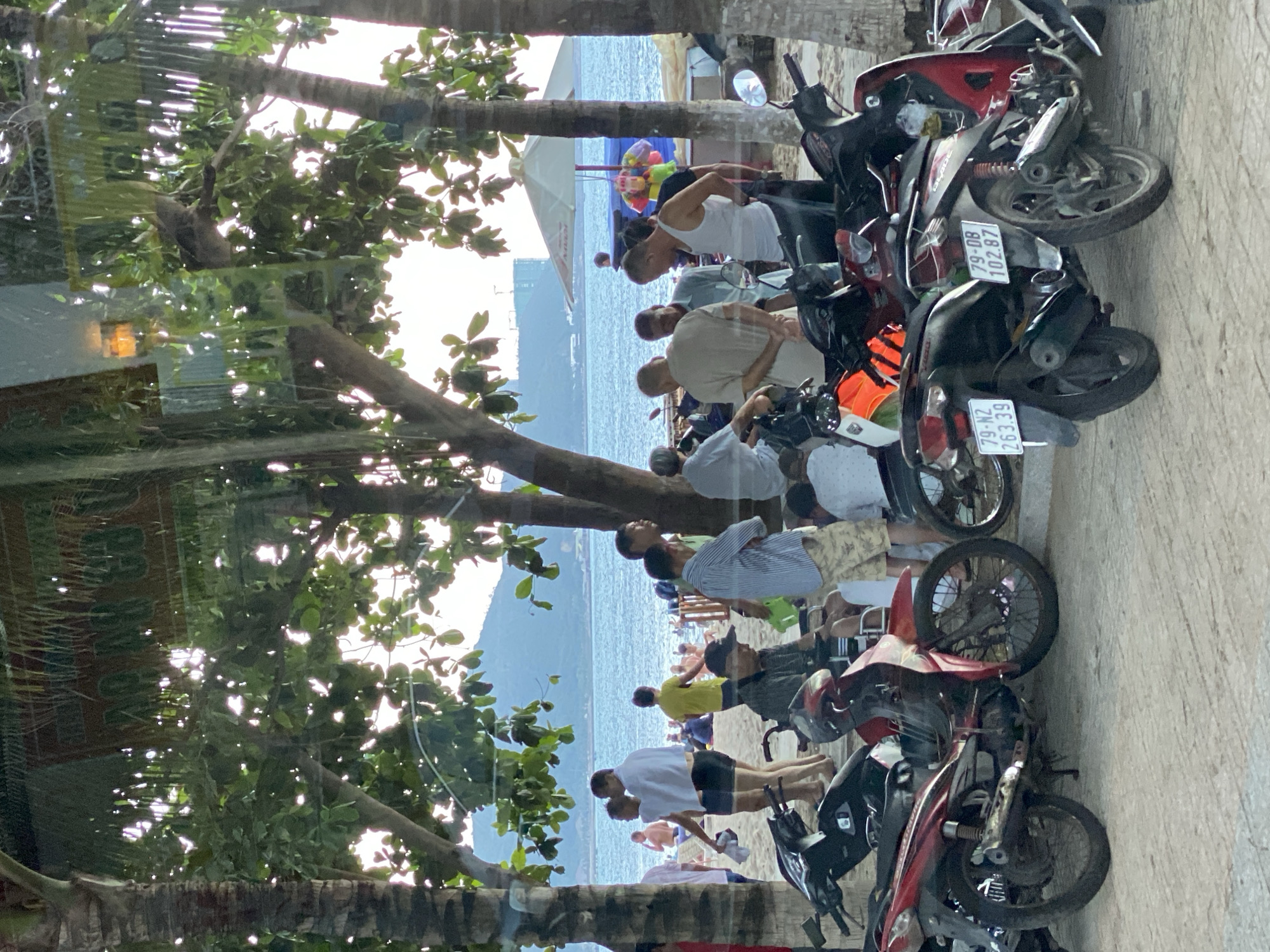 In a coastal urban setting that appears to be Bac Nha Trang Ward, Vietnam, a group of people are gathered on a sandy beach. The scene is shaded by the dense foliage of palm trees, with their fronds and branches forming a canopy overhead. In the foreground, several motorcycles are parked on a paved surface. The motorcycles are of various colors, including red and black.
Behind the motorcycles, a cluster of individuals are interacting. Some are standing, while others are seated or leaning against the bikes. Their attire suggests a casual, possibly warm-weather environment, with t-shirts, shorts, and light clothing being prominent. One person is wearing a white towel draped over their shoulders.
Further back, the beach extends towards the ocean. The sea is visible, with gentle waves and a hazy mountain range in the distance. Other beachgoers can be seen in the background, some appearing to be swimming or relaxing. A white umbrella stands on the beach, and some colorful items are hanging from it, possibly decorations or merchandise. The overall atmosphere suggests a relaxed, public gathering space, likely a popular spot for both locals and visitors. Reflections are visible on a surface in the upper part of the image, possibly a window or glass, showing trees and a building. The sky is overcast or hazy, with soft lighting.