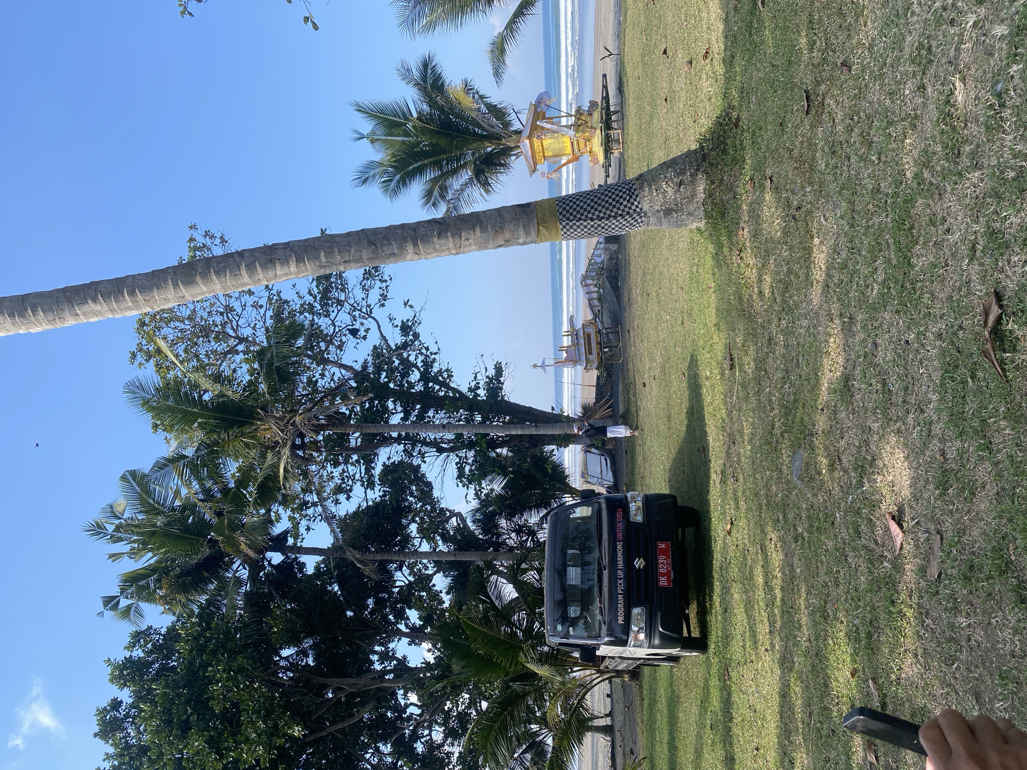 In Pekutatan, Indonesia, a black Suzuki pick-up truck is parked on a grassy area near a beach under a clear blue sky. The truck has a license plate reading "DK 8239 H". On the truck's windshield, text reads "PROGRAM PICK UP HARMONI UNTUK DESA".
Several palm trees and other leafy trees are present in the scene. In the background, the ocean with small waves is visible. On the beach, two ornate, golden structures, possibly related to a ceremony, are set up on wooden platforms. A person dressed in white attire and a head covering stands near one of these structures. Another large palm tree with a black and white checkered cloth wrapped around its base stands in the foreground, partially obscuring the view of the beach structures. The ground is covered in green grass with scattered brown leaves. A hand holding a dark-colored mobile phone is visible in the bottom left corner of the image.