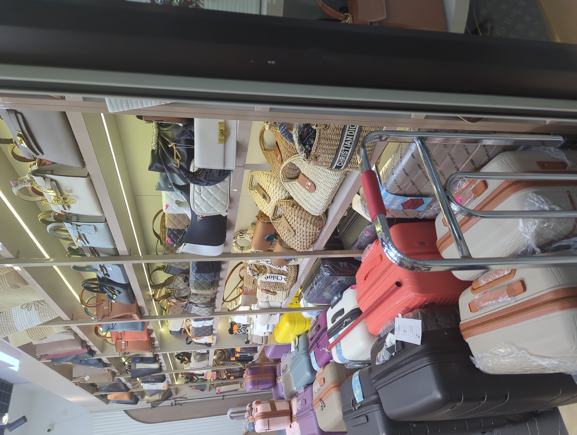 The image captures a diverse array of handbags and luggage displayed in a shop located in Bishkek City, Kyrgyzstan. The handbags are neatly arranged on shelves, showcasing various styles, colors, and materials. Brands like CHRISTIAN DIOR and Chloé are visible. Below the handbags, there's a collection of luggage, differing in color and size.