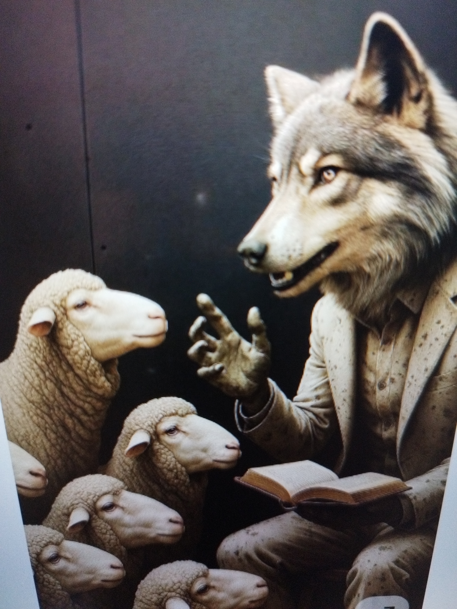 The image depicts a wolf dressed in a speckled suit and shirt, holding an open book, and gesturing with his hand toward a group of sheep. The setting appears to be a studio or staged scene with a dark background. There is no information to suggest this image is located in Sofia, Bulgaria.
