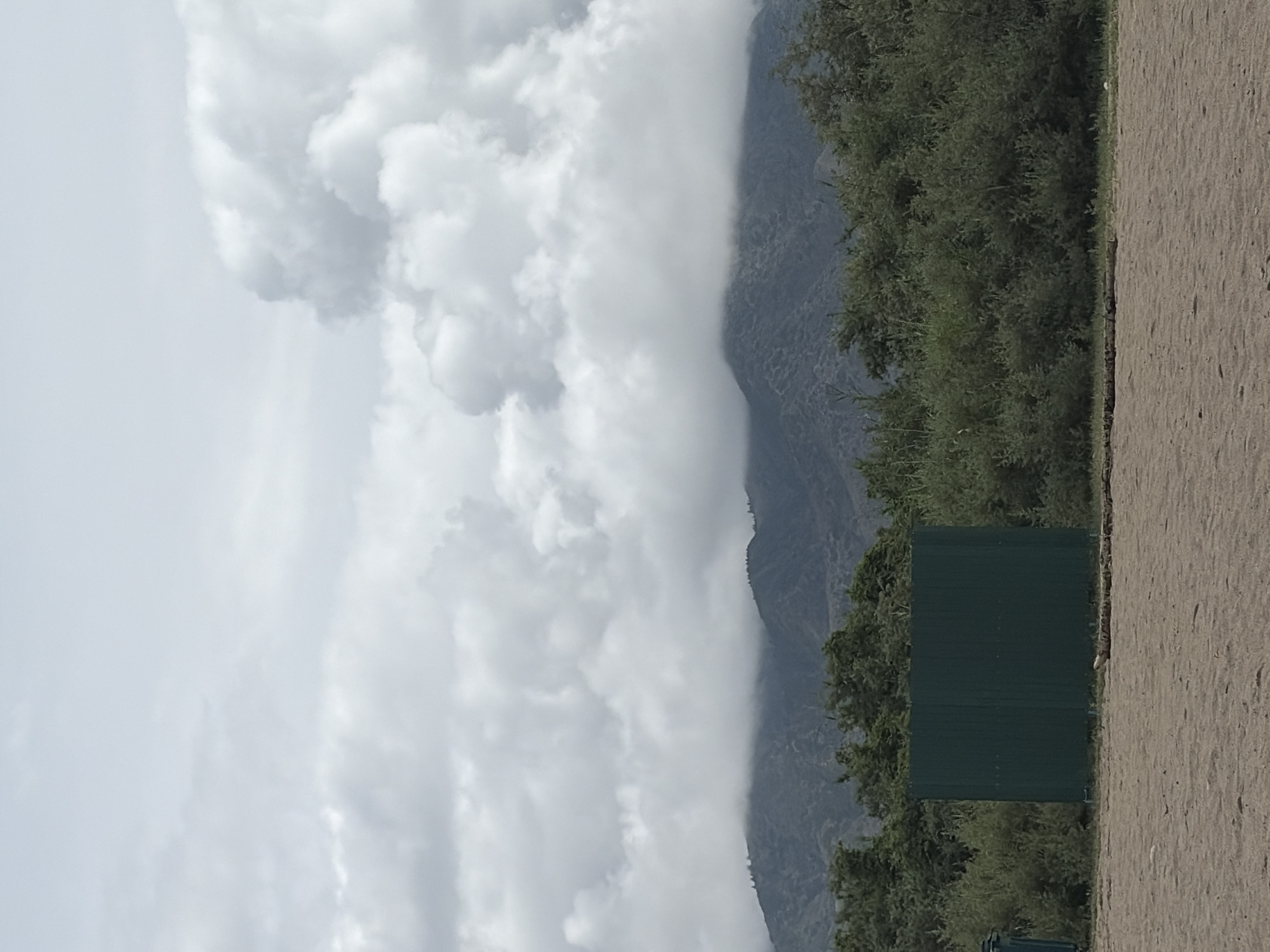A wide shot captures a mountainous landscape under a cloudy sky. In the foreground, a sandy area gives way to a dense green hedge, broken by a tall, dark green fence. Behind the hedge, mountains rise, their peaks partially obscured by low-hanging clouds. The sky above is filled with large, white cumulus clouds, creating a dramatic and overcast atmosphere. The scene appears to be in a natural, possibly coastal, environment.