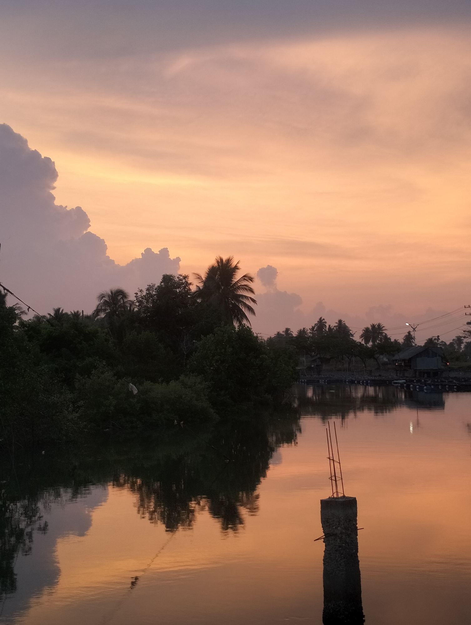 The image presents a serene tropical landscape captured during the golden hour, likely sunset, due to the warm, soft lighting. The sky dominates the upper half, displaying a gradient of colors from soft orange and yellow near the horizon, blending into pink and lavender towards the top. Large, fluffy cumulus clouds, mostly on the left, are silhouetted against this colorful backdrop.
A calm body of water, possibly a river or canal, occupies the lower half of the frame, perfectly reflecting the vibrant sky and the dark silhouettes of the surrounding landmass. On the left bank and extending towards the center, dense tropical foliage, including numerous palm trees, creates a dark, rich green mass, their reflections clearly visible in the tranquil water.
On the right bank, several low-lying structures, appearing to be houses or fish farming facilities, are built on stilts over the water. These buildings are dark and silhouetted, with some utility poles and power lines visible above them, along with a faint street light. In the right foreground, a solitary concrete pillar, possibly a support structure or an unfinished foundation, stands partially submerged in the water, with several pieces of rebar protruding from its top.
No people or discernible activities are visible, emphasizing the quiet solitude of the scene. The overall impression is one of peace and natural beauty in a tropical setting, consistent with coastal or riverine areas in Lhokseumawe, Indonesia.