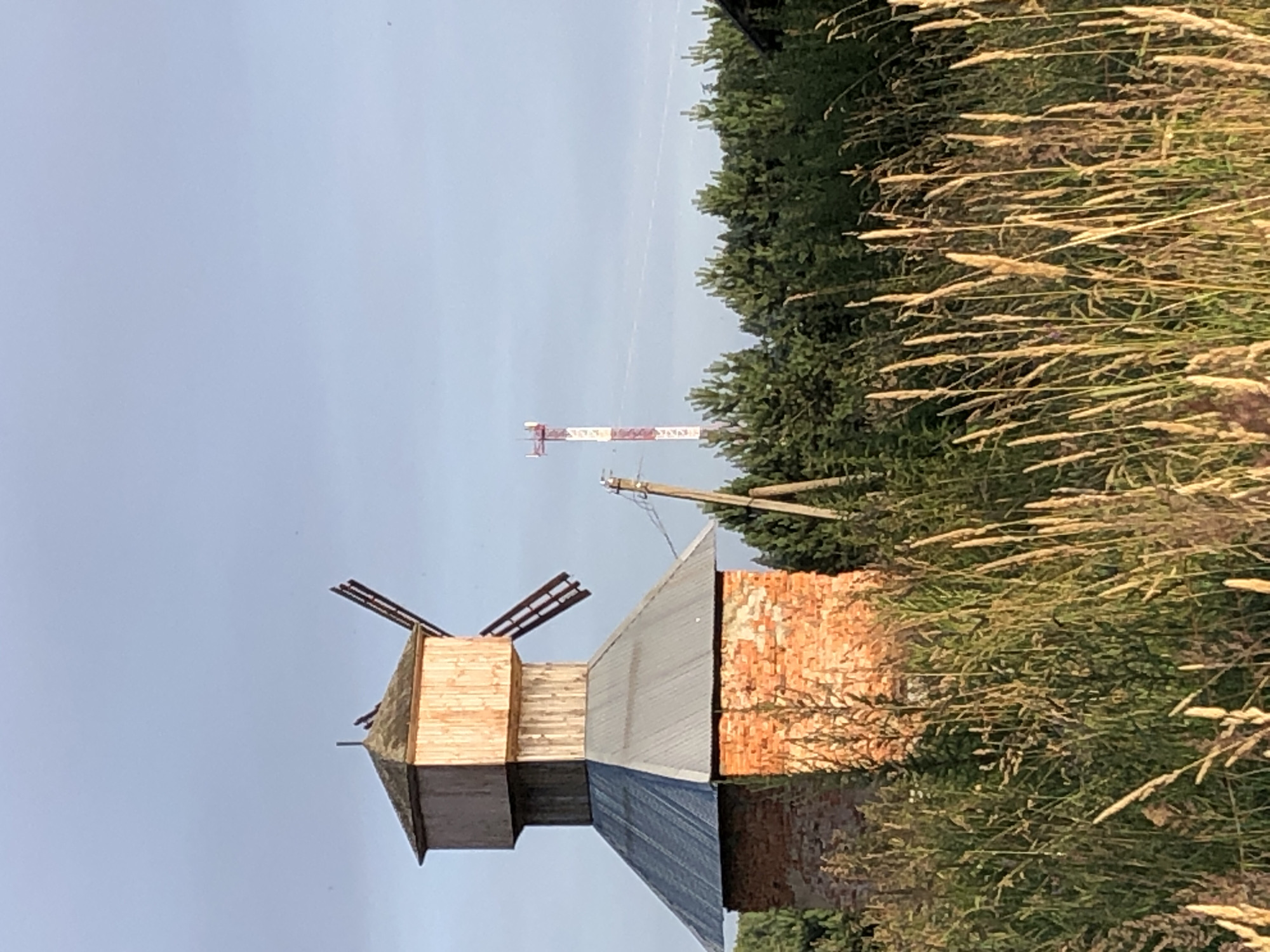 In Makeikha, Russia, a wooden windmill with a brick base stands in a field of tall grass. The windmill has a conical metal roof and wooden blades. In the background, a tall cell tower with red and white bands is visible above a dense line of green trees. The sky is a pale blue.