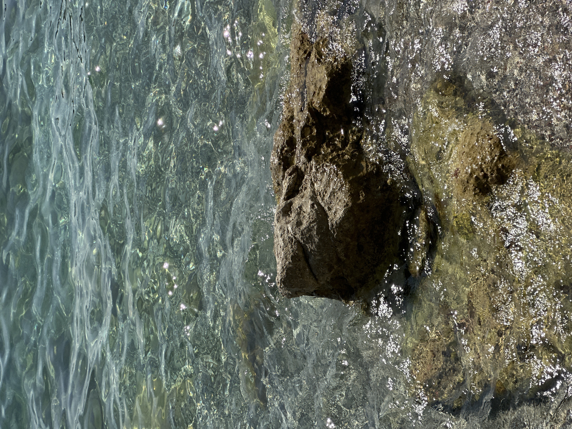 A close-up shot shows the clear, shallow water of the Adriatic Sea lapping against submerged and partially submerged rocks. The water is a gradient of turquoise and green, with sunlight glinting off the surface, creating shimmering highlights. The rocks, some smooth and rounded, others rough and angular, are a muted brown and grey. In the foreground, a larger, dark brown rock juts out of the water, its surface textured and wet from the waves. The seabed is visible through the translucent water, with smaller pebbles and stones creating a mosaic of colors. The overall impression is one of a peaceful and natural coastal environment. This scene is likely located along the coastline of Budva, Montenegro, a city known for its beautiful beaches and clear waters.