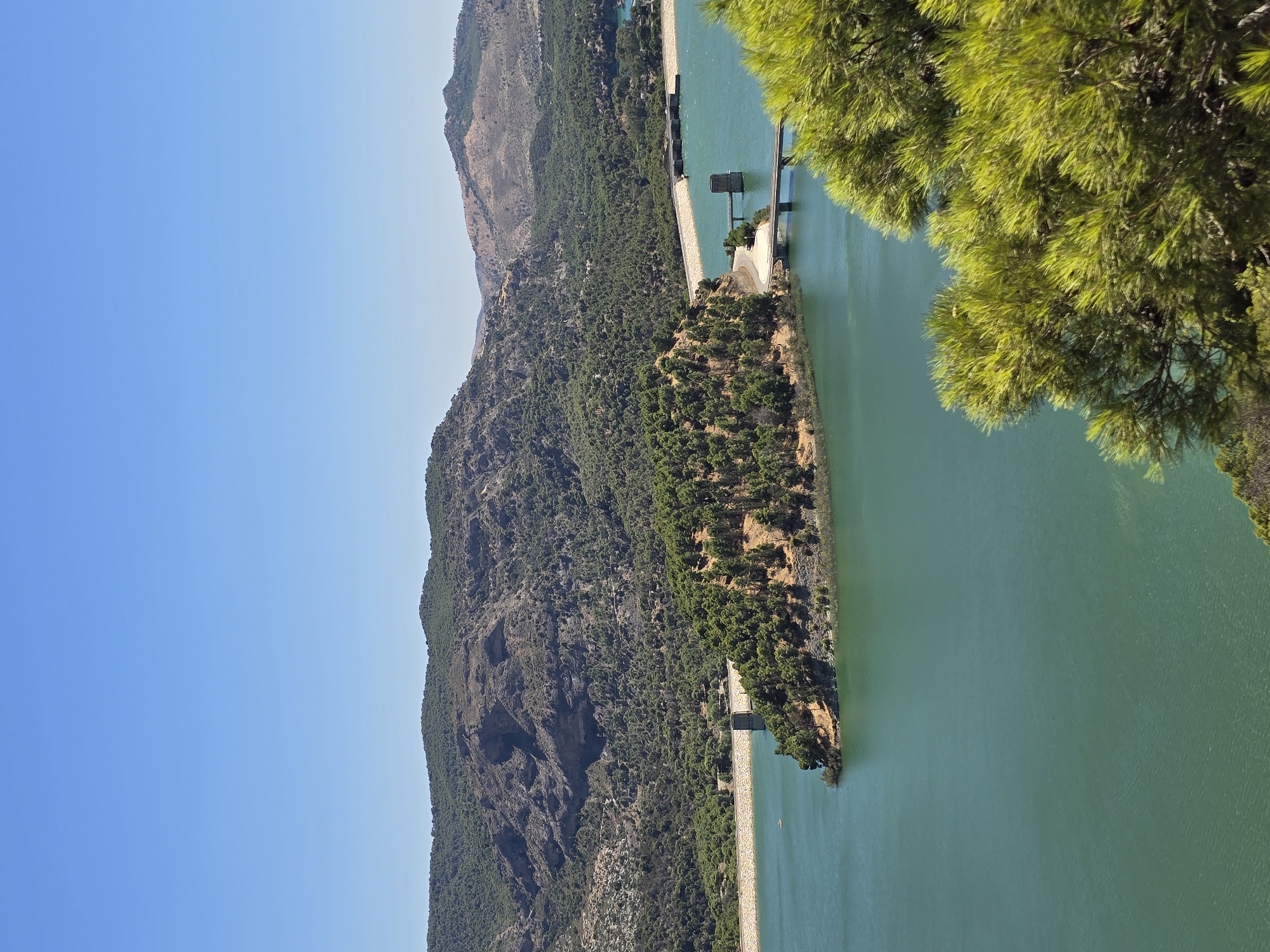A wide-angle, eye-level, high-definition photograph captures a scenic view of the Embalse del Conde de Guadalhorce reservoir, located near Campillos, Spain. The reservoir's tranquil, emerald-green waters fill the lower half of the frame. In the mid-ground, a small, tree-covered island is situated in the water, connected to the shore by a narrow bridge. On the far side of the reservoir, a long, curved dam is visible, constructed from beige concrete blocks and featuring a prominent tower-like structure. The landscape is characterized by rolling, verdant hills densely populated with pine trees, characteristic of the Andalusian terrain. The sky above is a clear, vibrant blue, devoid of clouds, indicating fair weather. The overall impression is one of natural beauty and serene landscape.