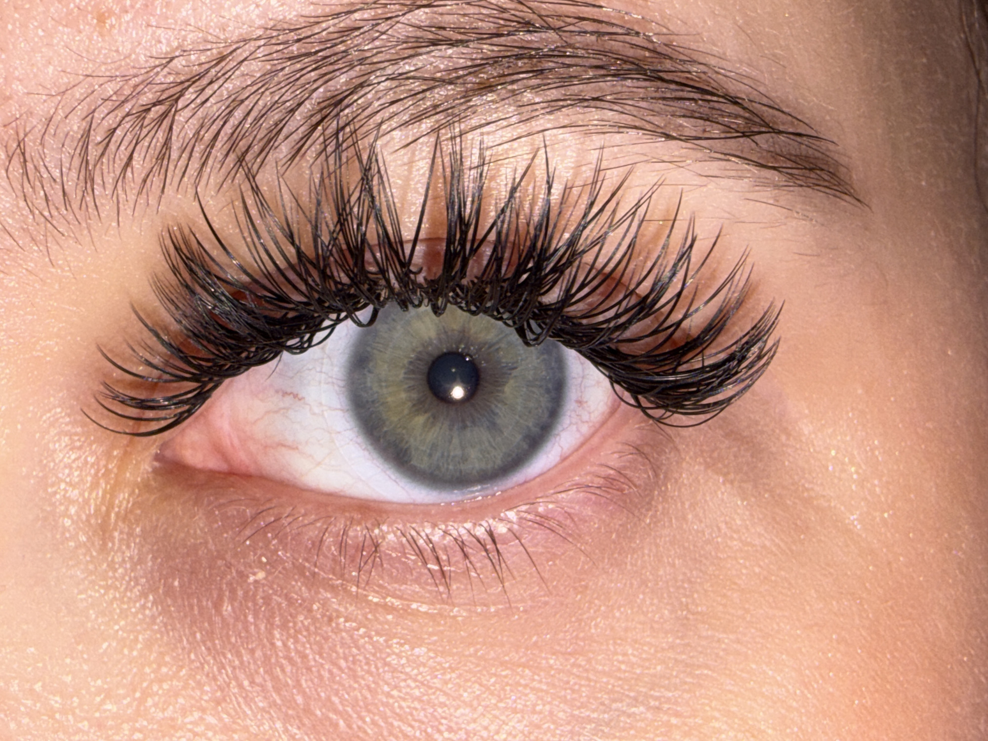 Close-up of a human eye with long, black artificial eyelashes. The iris is a greyish-green with a darker limbal ring. There are visible blood vessels in the sclera. The eyebrow is dark and thick. The surrounding skin appears textured and illuminated. The city of Novopokrovskaya, Russia is not apparent in this image.