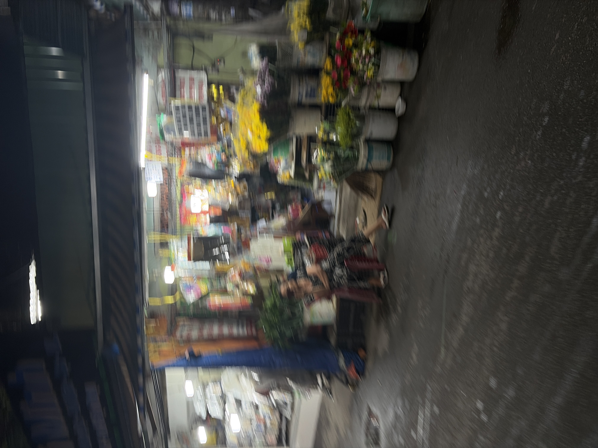 The image depicts a blurry, low-light street scene at night in the city of Thủ Đức, Vietnam, featuring multiple commercial establishments along a damp, dark paved surface.
On the left, a brightly lit shop interior is visible, filled with numerous white-packaged goods, likely a general store. A vertical blue tarp partially obscures this area.
In the center, two individuals are seated on small red chairs directly in front of another shop entrance. The person on the left wears a patterned dark dress and light-colored sandals, resting their hands on their lap. The second person is partially visible next to them. Behind them, the shop interior is brightly illuminated, displaying various colorful items. A green potted plant sits near the seated individuals, and a broom leans against the shop facade.
To the right, a flower stall is prominently displayed with numerous buckets holding assorted flowers, including large quantities of yellow, purple, and red/pink varieties. These flowers are arranged along the edge of the paved area. The shop behind the flower stall is also illuminated.
The ground throughout the scene is dark, wet asphalt or concrete, showing reflections from the overhead lights and indicating recent moisture. Above the shops, dark, striped awnings are visible, with a darker building facade extending upwards into the night sky. The primary light source emanates from within the shops, casting bright white light onto the street. The overall image suffers from motion blur, particularly noticeable in the foreground and light sources.