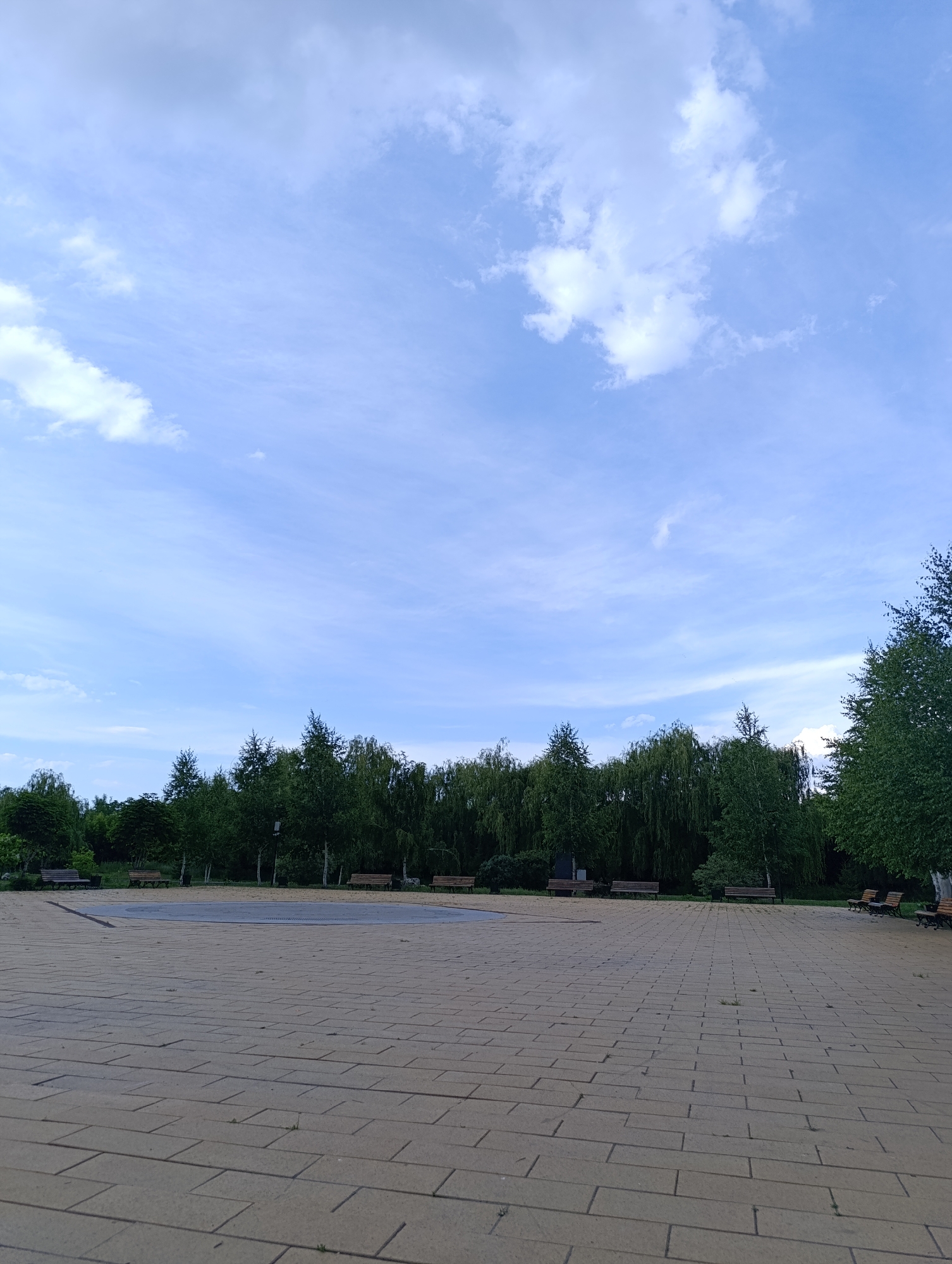 This media file depicts an outdoor scene in Novokuybyshevsk, Russia. The foreground is dominated by a paved area made of tan rectangular bricks. In the midground, there's a circular dark area, possibly a fountain or a decorative feature, surrounded by more paving. A line of park benches is visible further back. Behind the benches, a dense line of lush green trees forms a natural backdrop, with some taller trees interspersed among them. The trees appear to be a mix of deciduous varieties, including willows, with some coniferous trees also present. The sky above is a bright, clear blue, with scattered white, wispy clouds that suggest a fair-weather day. The lighting indicates it is daytime, likely late morning or early afternoon, due to the brightness and the shadows. There are no people visible in the image, suggesting a quiet or early morning setting. The overall mood is peaceful and serene, characteristic of a well-maintained park or public square. No visible text is present.