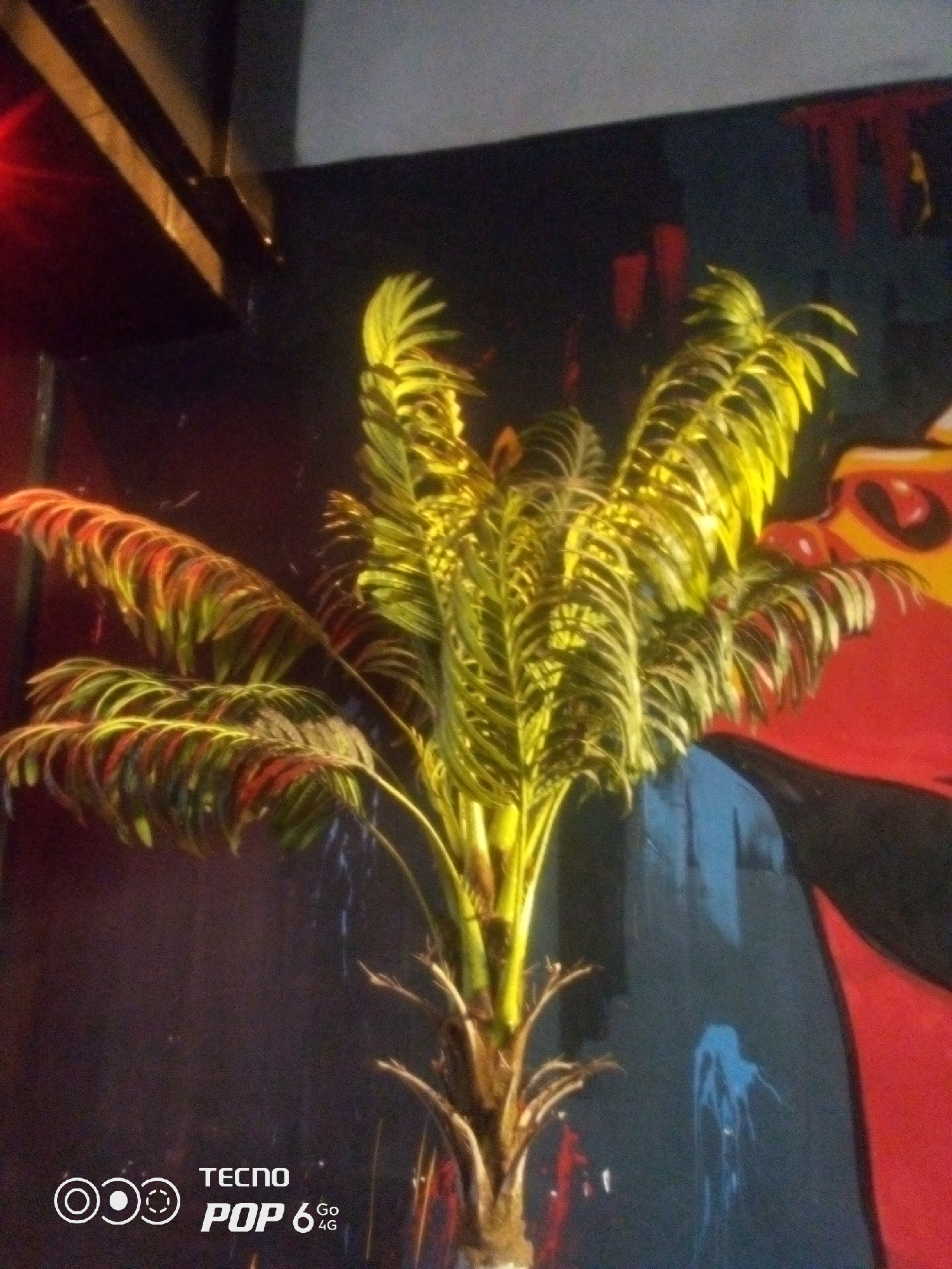 A potted artificial palm tree with yellow-green fronds is illuminated by artificial lighting. The background features a dark wall with abstract artwork in red, blue, and black. In the lower left corner of the image, a white logo and "TECNO POP 6 4G" branding are visible. The scene appears to be indoors, possibly in a commercial establishment or residence, and is not specific to any location in Howayi, Nigeria.
