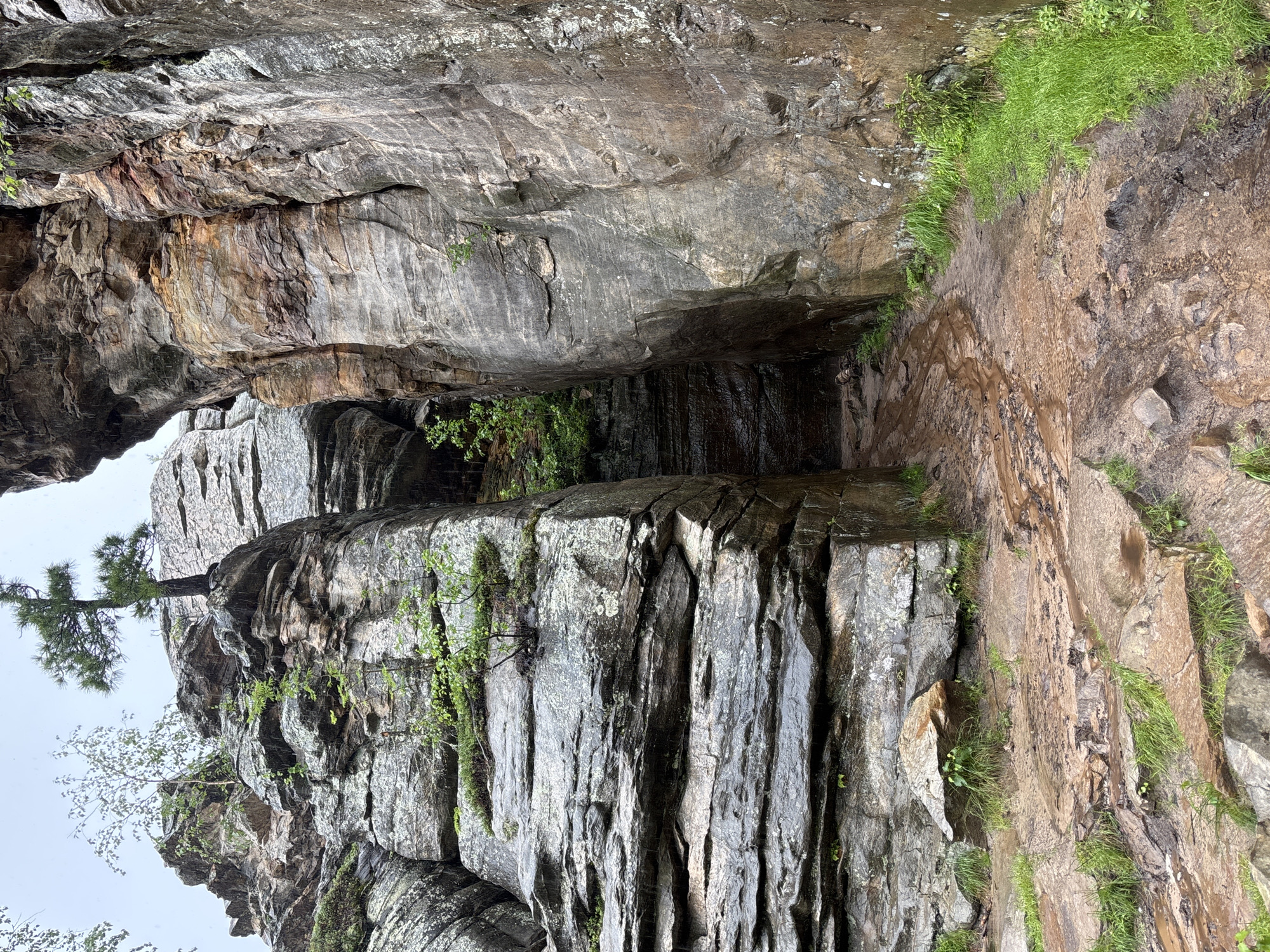 The image depicts a narrow passage between massive rock formations in a natural outdoor environment. The rock faces are layered and textured, showing signs of weathering and erosion. The ground is muddy and wet, with small streams of water running through it, indicating recent rainfall. Green vegetation, including grass and small trees, grows in patches on and around the rocks. The sky appears overcast. The scene is located in the area of the city of Nagornskiy, Russia.