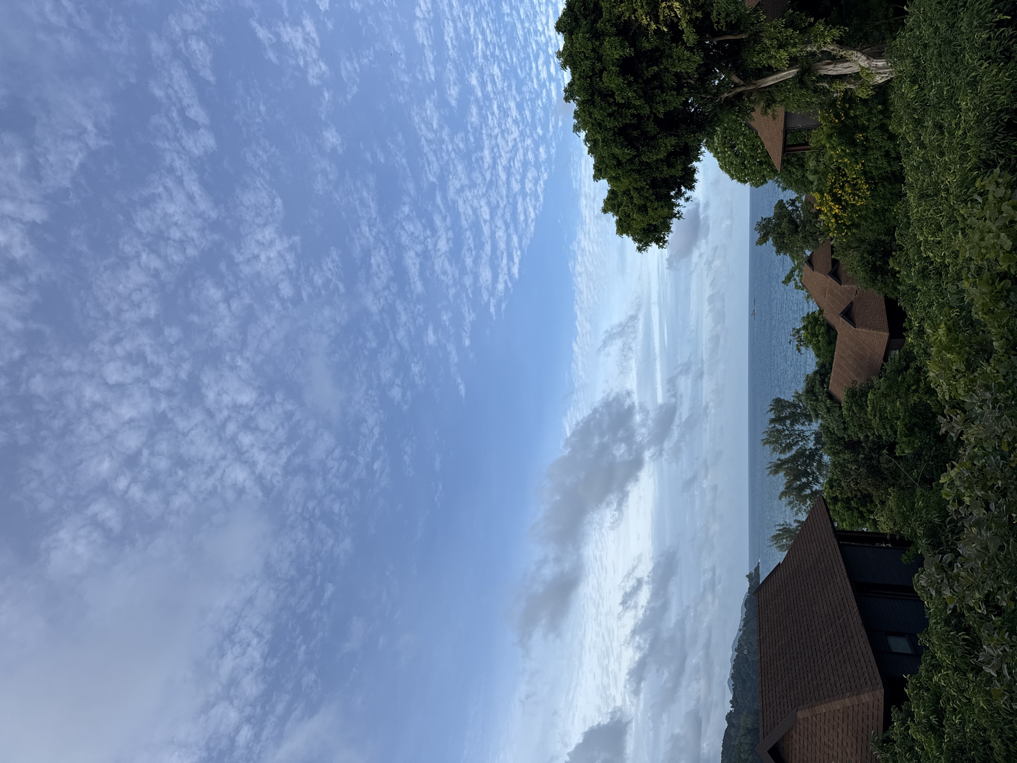 The image depicts a view of the Andaman Sea from a hillside location in Sakhu, Thailand. In the foreground, several dark-colored buildings with brown, pitched roofs are nestled among lush green foliage. One prominent building on the left has a dark exterior and a single visible window. To the right, another building with a similar roof is partially obscured by a large, mature tree with dark green leaves and a thick trunk.
Beyond the buildings and vegetation, the calm, blue sea stretches to the horizon. In the distance, a hazy coastline with rolling hills is visible. The sky is a bright blue, dotted with scattered white clouds, some of which are wispy and others more defined. The overall impression is of a tropical resort or residential area overlooking the ocean. There are no people visible in the image.