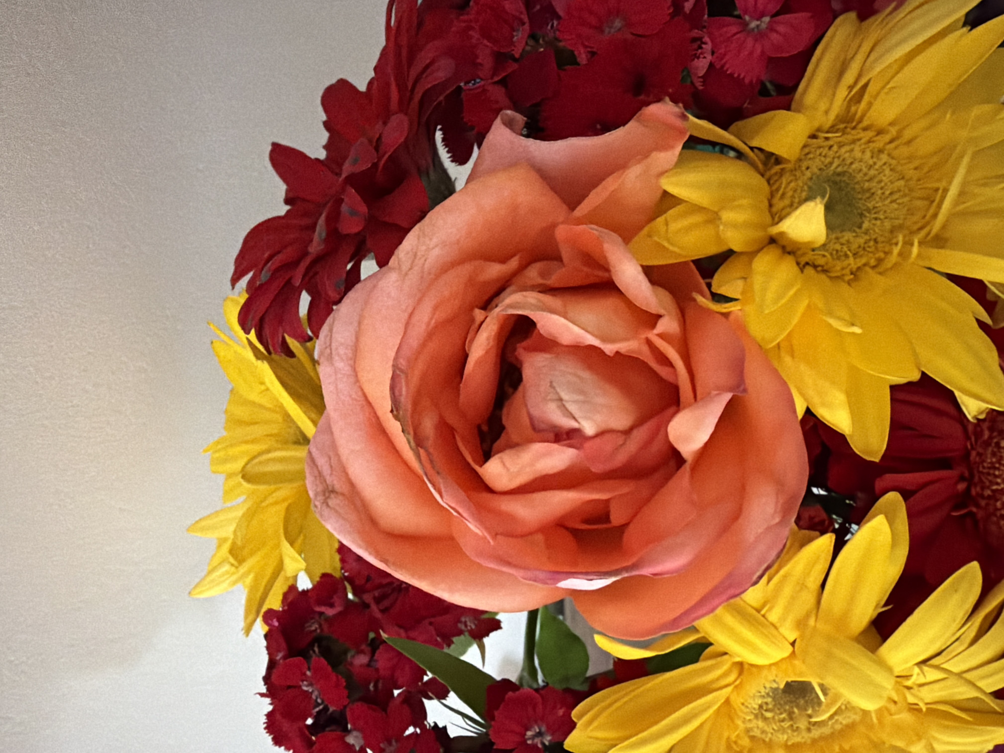 The image shows a close-up of a bouquet of flowers. The central flower is a large, peach-colored rose with multiple layers of petals. Surrounding the rose are bright yellow sunflowers and deep red flowers with intricate petal structures. The background is a plain, light-colored wall.