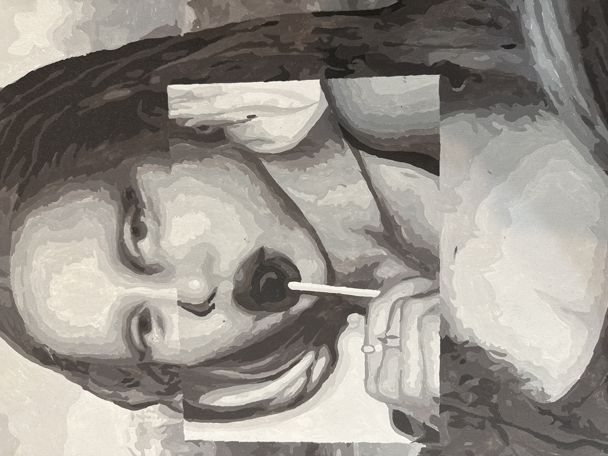 An artistic rendition in grayscale presents a face in a slightly distorted perspective. A hand holding a thin, elongated object appears near the face. The image composition is characterized by sharp, geometric interruptions that bisect the scene horizontally and vertically. The details, such as the subject's hair and the features of the face, are rendered with varying shades of gray, suggesting an emphasis on light and shadow rather than precise representation. There is no indication of the location being Pushkino, Russia, within the image.