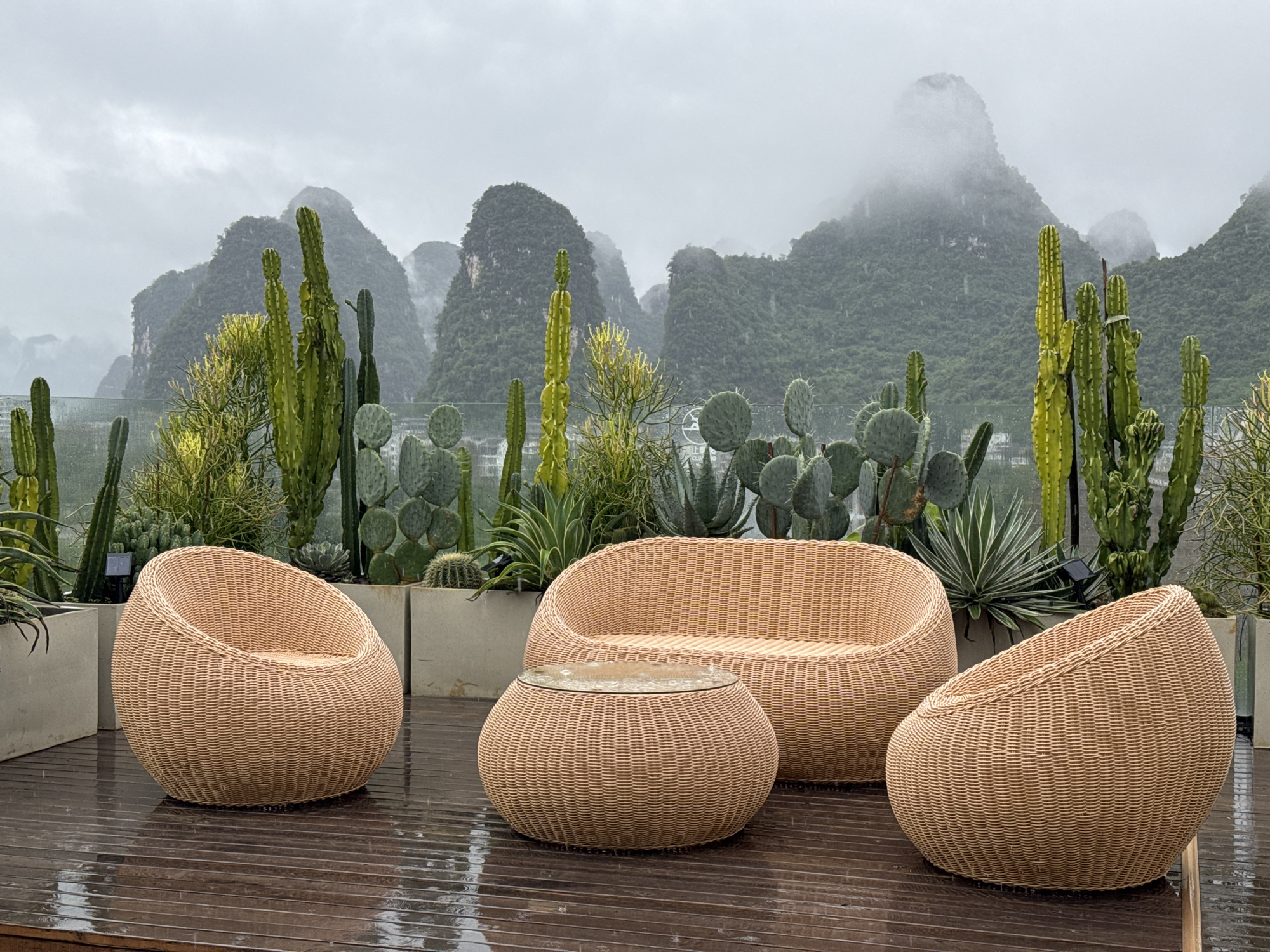 The photograph captures a patio scene on a rainy day, likely in Guilin, China. The foreground features a set of outdoor furniture made of wicker: two rounded chairs, a loveseat, and a round coffee table with a glass top. The wood plank deck beneath the furniture is wet, reflecting the muted colors of the scene.
Behind the furniture, a variety of cacti and succulent plants are arranged in concrete planters. Beyond the plants, a landscape of karst mountains shrouded in mist dominates the background. The sky is overcast, contributing to the overall subdued, damp atmosphere of the scene. There are no people visible in the image.