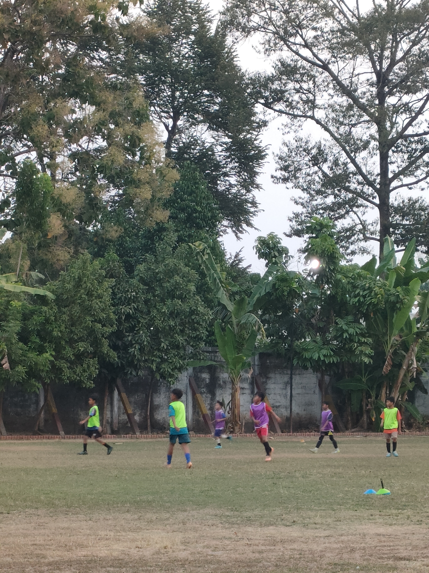 The image depicts an outdoor soccer field in Banguntapan, Indonesia, with several young boys engaged in practice. The field is covered in dry, patchy grass. In the background, a concrete wall separates the field from a dense collection of trees and banana plants. A bright light, possibly the sun, is visible through the foliage of a tree.
There are at least six boys visible on the field. They are wearing brightly colored jerseys and shorts, some with socks pulled up. Some boys appear to be kicking a ball, while others are running or standing. One boy is wearing a yellow and blue jersey, another a purple and red jersey, and a third a yellow and orange jersey. Two boys are wearing purple jerseys. The boys are scattered across the field, suggesting they are participating in drills or a casual game. A few orange and blue cones are placed on the field, likely for training exercises. The overall atmosphere appears to be a typical youth soccer practice session.