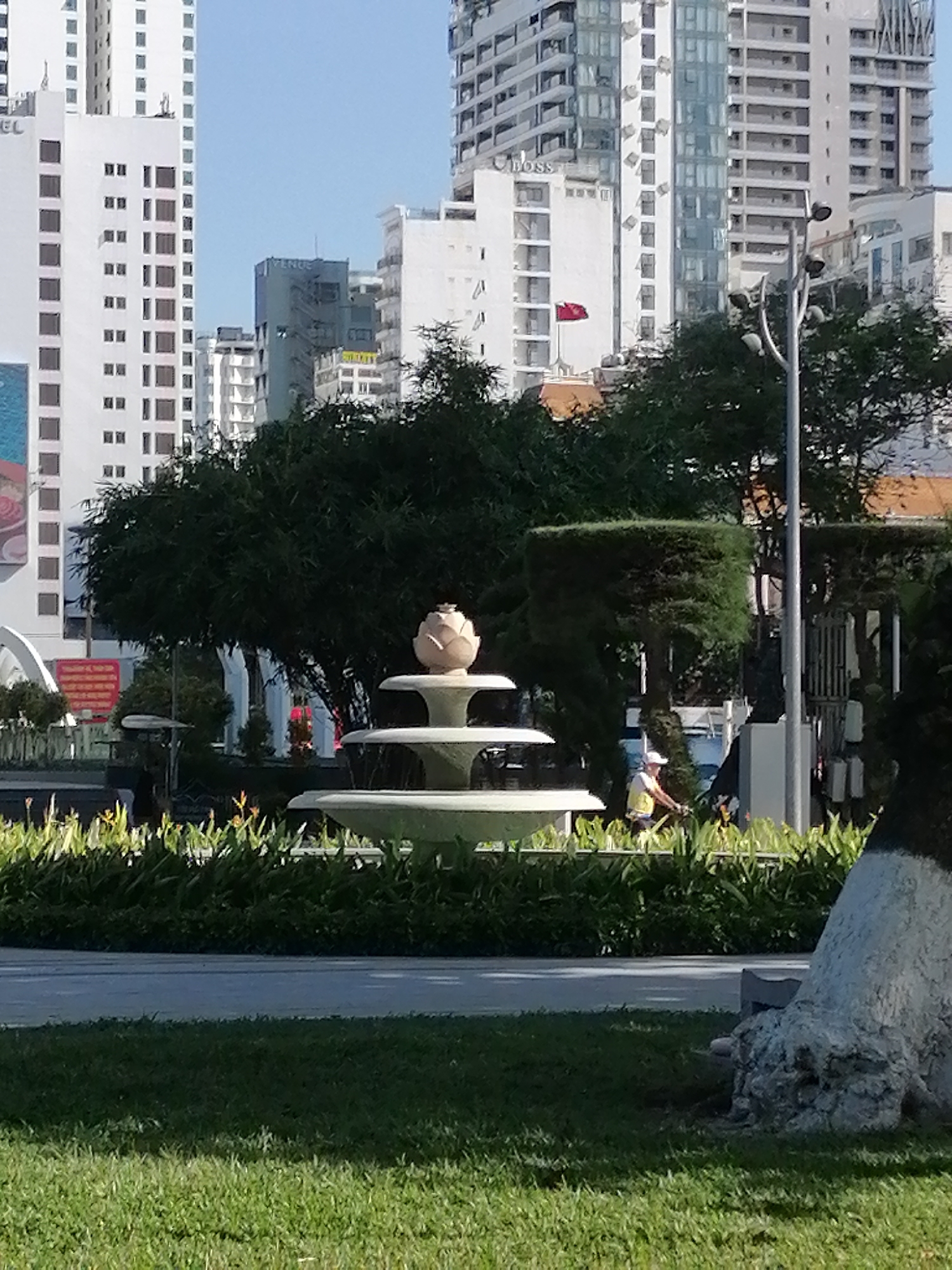 The image shows a park setting in Nha Trang Ward, Vietnam. A tiered fountain with a flower bud on top is in the midground, surrounded by lush green foliage. Beyond the fountain, dense trees and shrubs obscure the view of people working or walking in the park. High-rise buildings dominate the background, including buildings with the name "Cross" visible. The foreground consists of a grassy area and a partially visible, painted tree trunk.