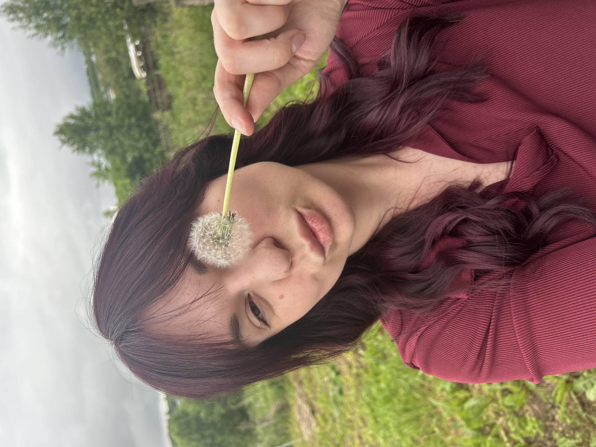 An outdoor, eye-level full-shot depicts a Caucasian woman, estimated to be in her 20s or 30s, holding a dandelion seed head over her right eye. She has long, wavy, dark reddish-brown hair with visible gray roots at the crown, and wears a dark red, ribbed, collared shirt. Her left eye is open and appears to be looking towards the camera, while her lips are puckered in a kiss expression. A small reddish mole or freckle is visible below her left eye. Her right hand, holding the dandelion stem, is partially visible. The background consists of an overcast, light gray sky over a landscape featuring green grass, distant trees, and what appears to be a wooden fence and potentially buildings or structures in the mid-ground. This scene takes place in Фоки, Russia.