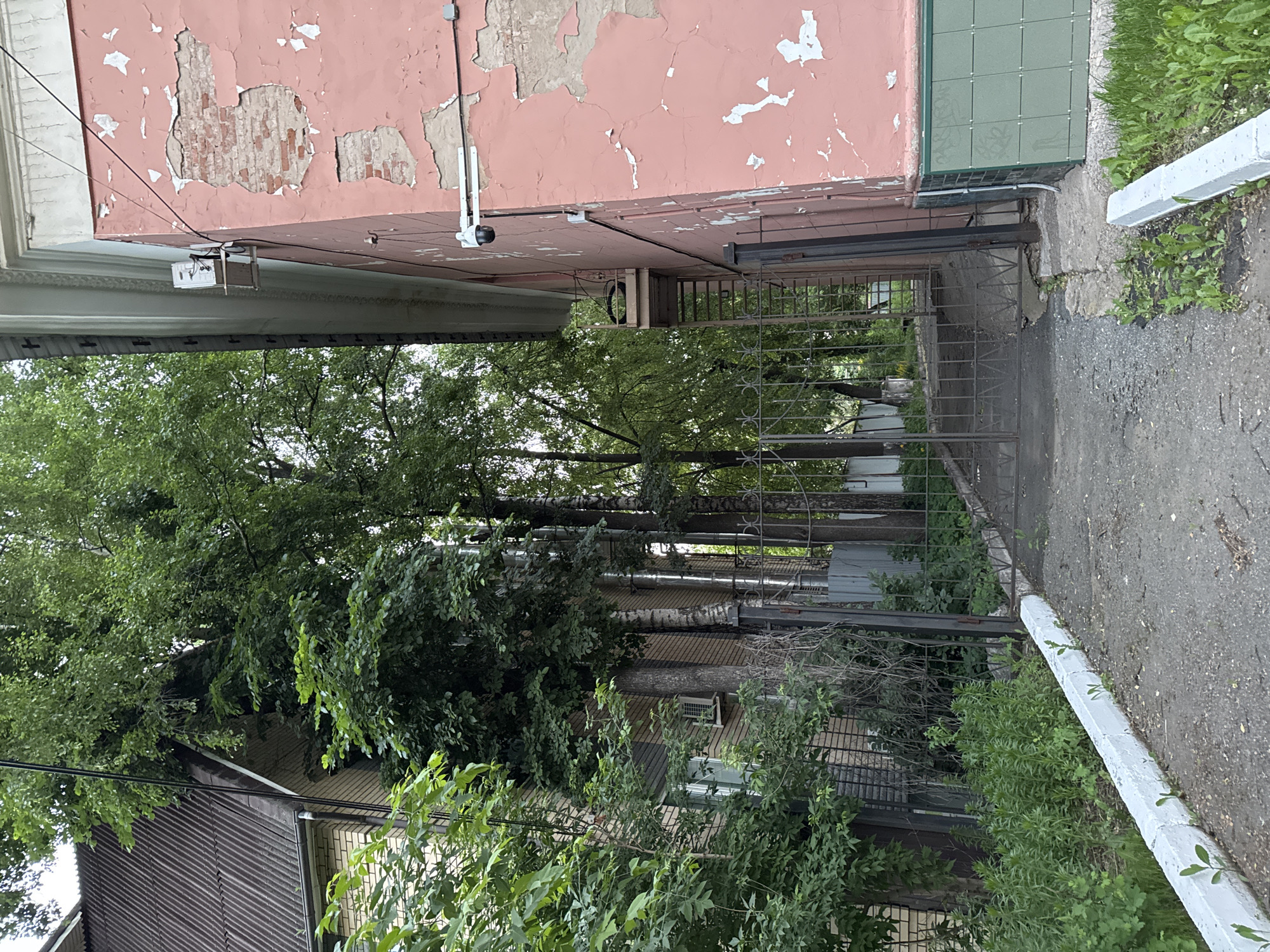 The image shows a view of a narrow passageway between two buildings, with a metal gate at the end of the passage. The building on the left has a peeling pink facade, revealing brickwork underneath. There are electrical wires and some surveillance equipment attached to the building. The building on the right is partially visible and has a green tiled section near the top.
The passageway is overgrown with greenery, with trees and bushes encroaching on the path. In the background, through the gate, more trees and buildings can be seen. The ground in the passage appears to be paved with asphalt and concrete. A white concrete curb runs along the right side of the path.
The scene suggests an outdoor, urban environment, likely in a residential area. The time of day appears to be daytime, and the weather seems overcast or cloudy, as indicated by the soft lighting. No people or specific activities are depicted. The location context provided is Izhevsk, Russia. There is no visible text in the image.