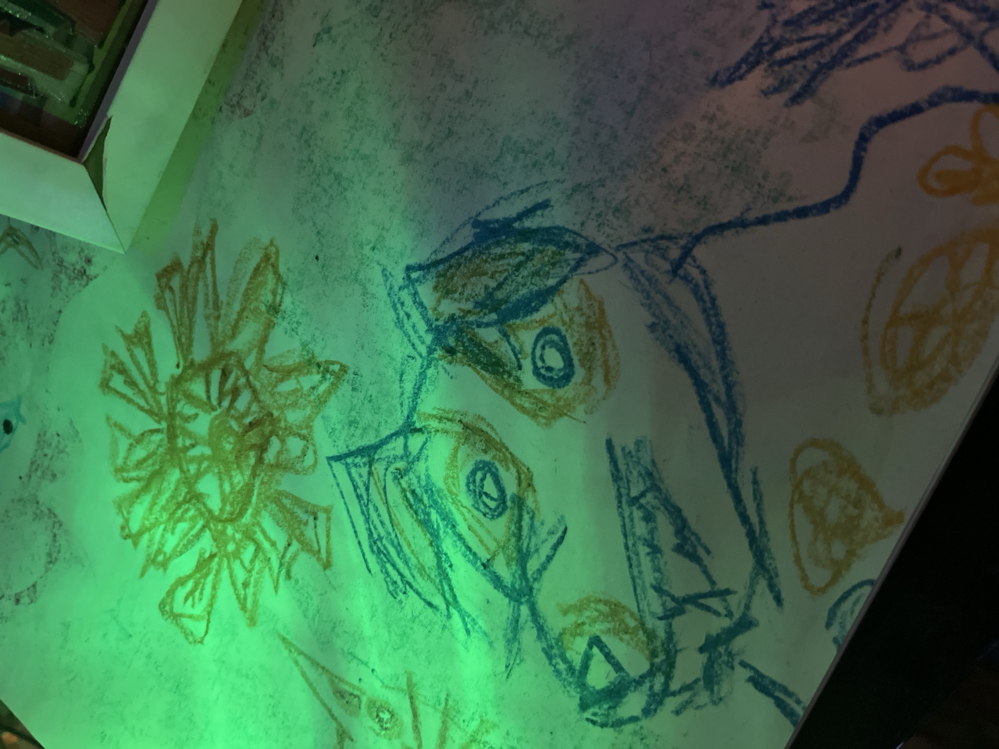 The image shows a close-up, aerial view of a child's drawing on a white surface, illuminated by a bright green light. The drawing, rendered in crayon, depicts a stylized sun with yellow and orange radiating lines at the top left, and a blue and yellow drawing of a creature's face occupying the majority of the frame. The creature has large, round eyes with blue pupils, a sharp, pointed snout, and what appear to be teeth. There are also abstract yellow shapes and blue lines scattered across the surface, suggesting other elements of a larger drawing. The green light casts a strong, uniform glow, obscuring some details and creating a slightly surreal atmosphere. The drawing appears to be placed on a flat surface, possibly a table, with a white frame or edge visible in the upper right corner. There is no indication of the city of Kazan, Russia in the image.