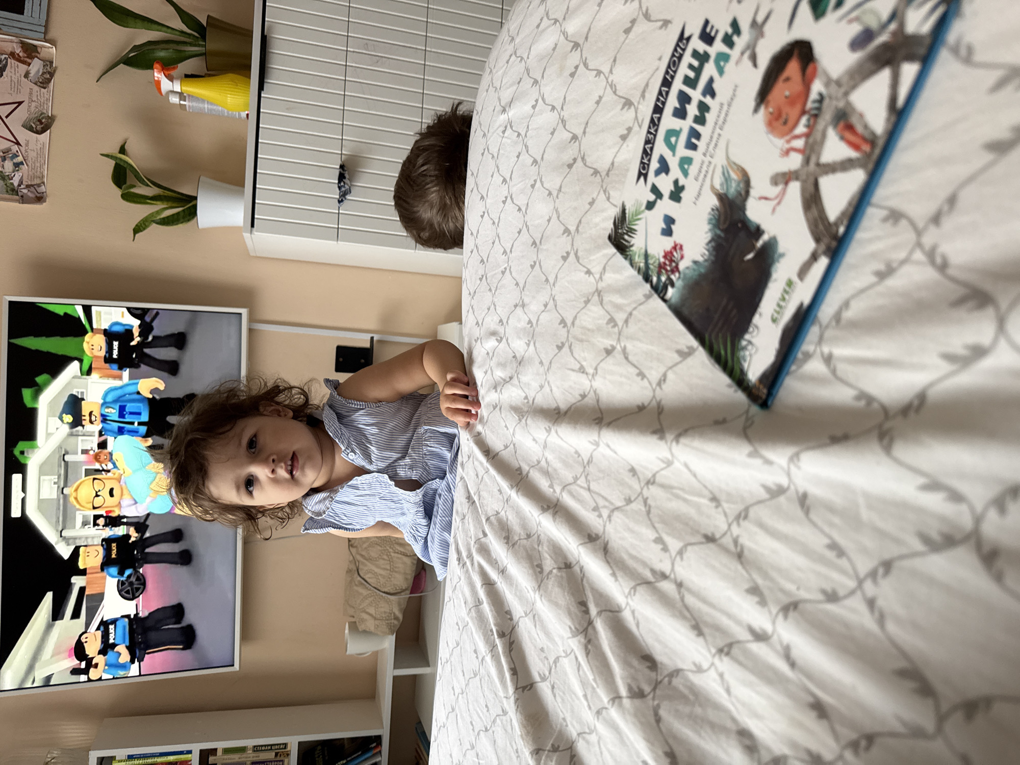 A child in a blue and white striped shirt sits on a bed with a book. Another child's head is partially visible behind the book. The book cover features illustrations and Cyrillic text. The background includes a TV screen displaying cartoon figures, plants on a shelf, and a bookcase. The OCR suggests the book is a fairytale called "Chudishche i Kapitan" with author Boris Voytsekhovsky and illustrator Elena Barenboym. The bottom of the image contains what appear to be the titles of various books, including "Stefan Zweig," and other unreadable titles. It cannot be determined that the location is Tobolsk, Russia, from the image.