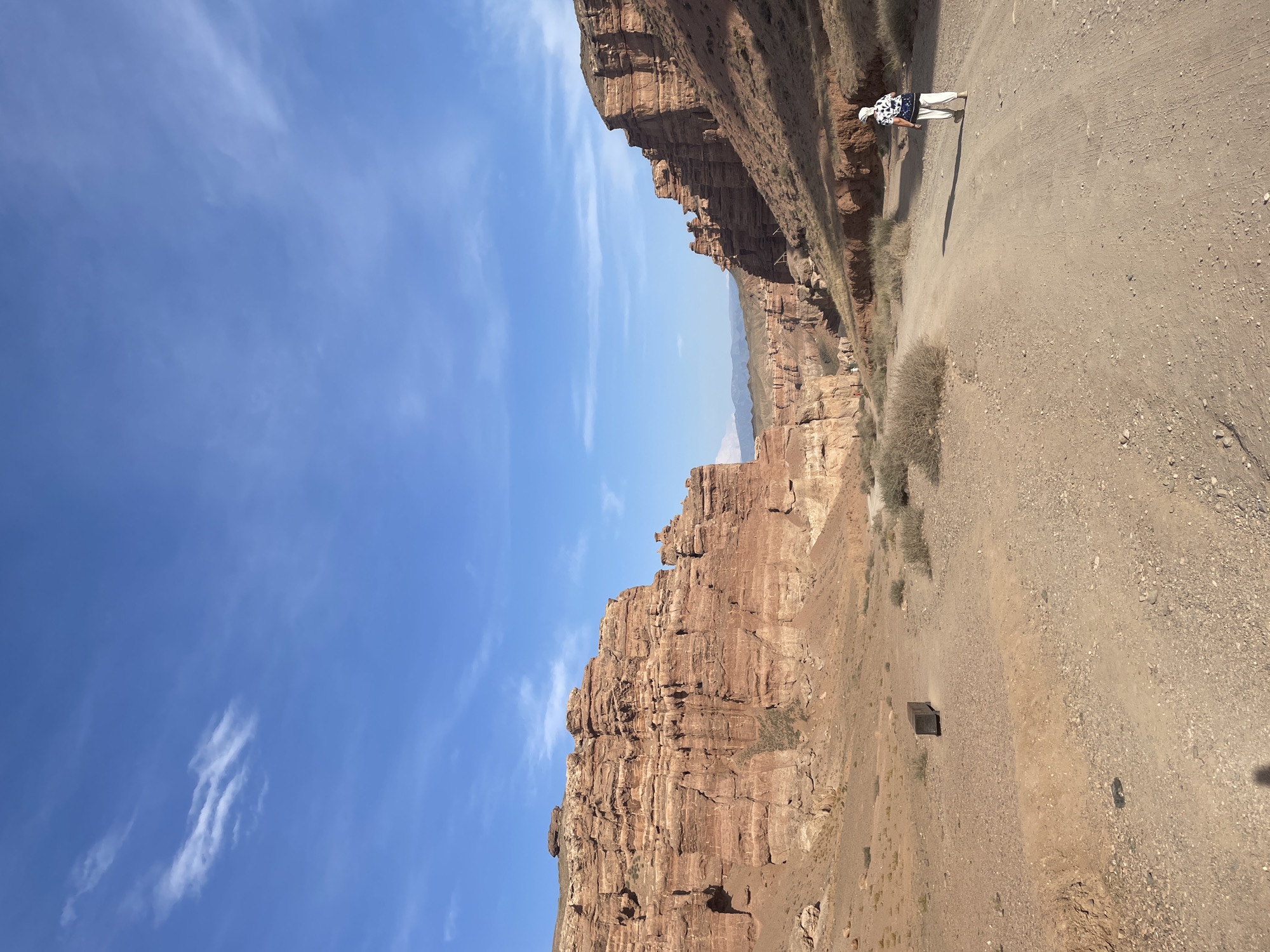 In the Charyn Canyon, Tamerlik, Kazakhstan, a lone individual walks along a dirt road. The person is wearing a white headscarf, a patterned shirt, and light-colored pants. They are facing away from the camera, heading deeper into the canyon. The canyon walls, composed of layered red rock, rise steeply on either side of the road, with sparse vegetation clinging to their slopes. The sky above is a clear blue with scattered wispy clouds. In the distance, more layers of canyons and mountains are visible. The ground is sandy and rocky, with a single dark, rectangular object, possibly a bench or signpost, situated to the left of the road in the mid-ground. The scene suggests a warm, dry climate typical of a desert canyon.