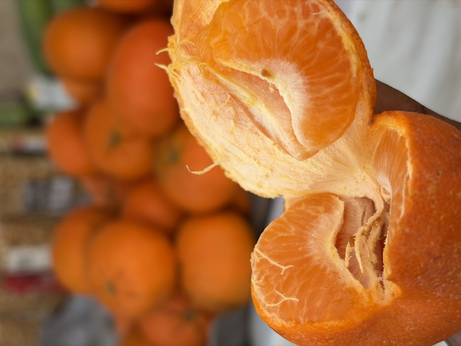 The image, captured in Igboefon, Nigeria, presents a close-up view of a human hand actively peeling an orange or tangerine. The foreground subject, a vibrant orange citrus fruit, is partially peeled, revealing its segmented, juicy orange flesh and the pale white pith adhering to the inner peel and fruit. Several fine, fibrous white strands of pith are visible where the skin is being separated. In the blurred background, numerous additional unpeeled oranges or tangerines are visible, piled together, consistent with a market or fruit stall environment under natural daylight.