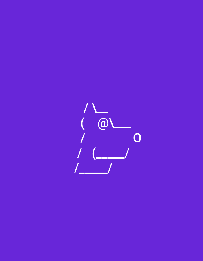 The image shows a white ASCII art graphic of a dog's head facing right, centered on a purple background. The dog has a pointed ear, an eye represented by the "@" symbol, and an "o" for a nose.